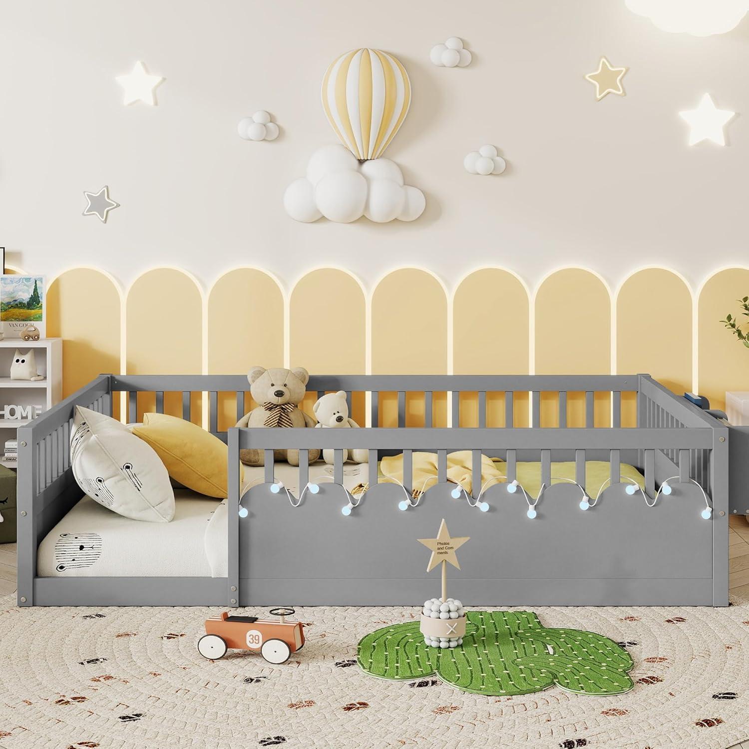 Montessori Floor Bed Full with High Rails, Wooden Full Size Bed Frame Kids with LED Lights & Storage Shelf, Montessori Floor Beds for Kids, Girls, Boys, Safe & Wider Opening Gate Design, Gray