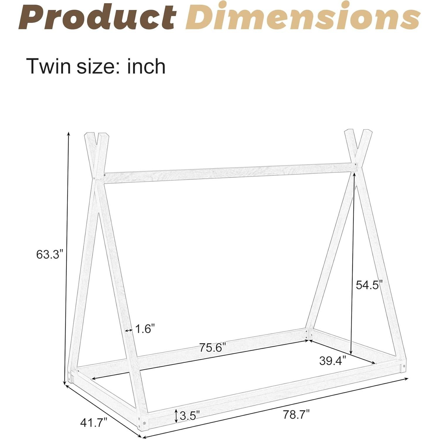 Twin Size House Beds with Tent for Kids, Wood Montessori Teepee Bed, Low Floor Bed for Boys Girls Teens, Without Slats, Easy Assembly, White