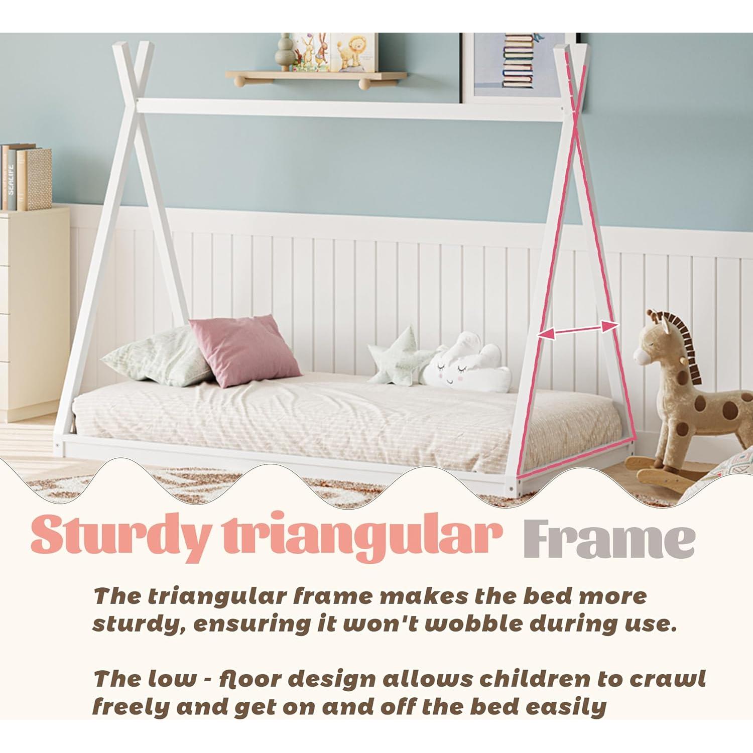 Twin Size House Beds with Tent for Kids, Wood Montessori Teepee Bed, Low Floor Bed for Boys Girls Teens, Without Slats, Easy Assembly, White