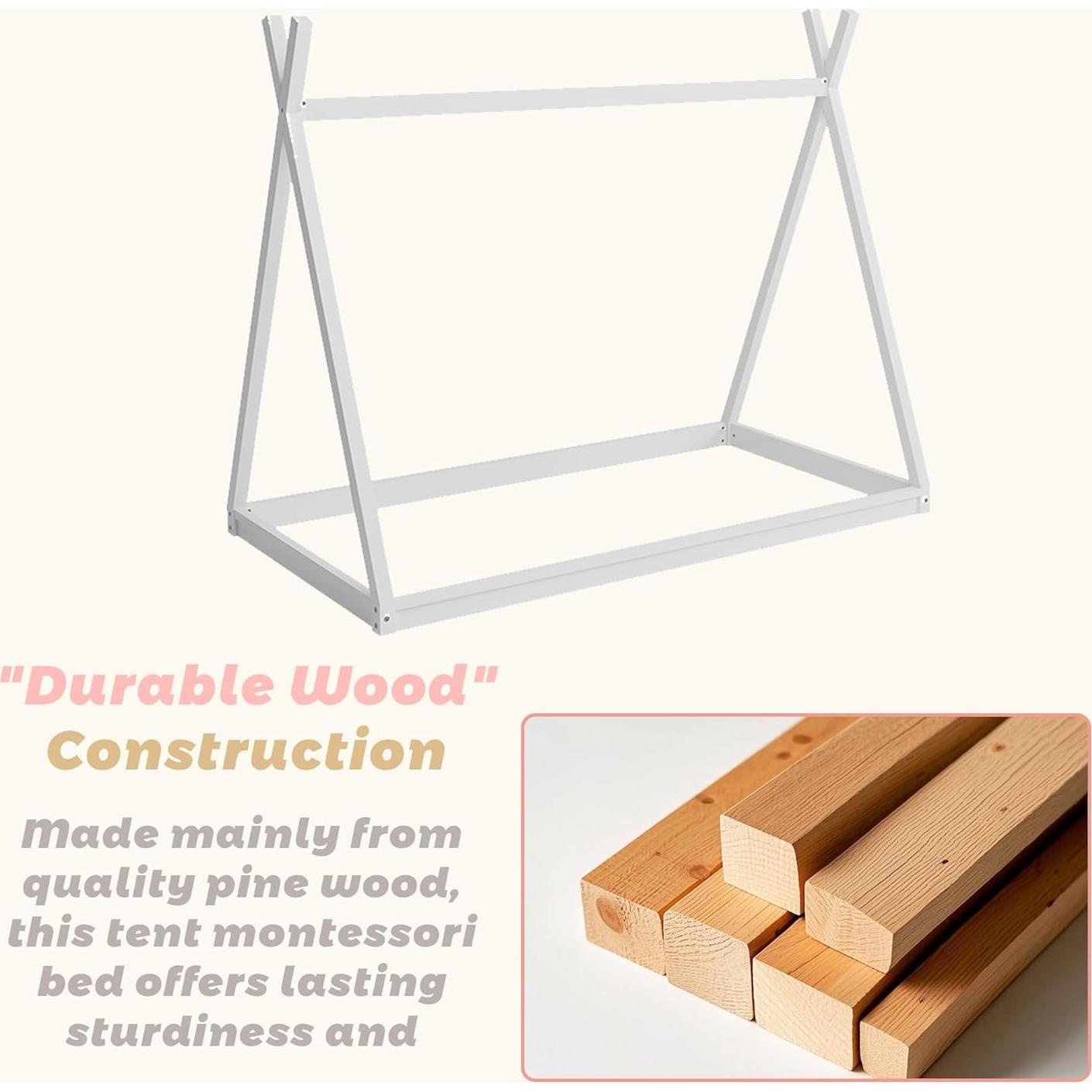 Twin Size House Beds with Tent for Kids, Wood Montessori Teepee Bed, Low Floor Bed for Boys Girls Teens, Without Slats, Easy Assembly, White