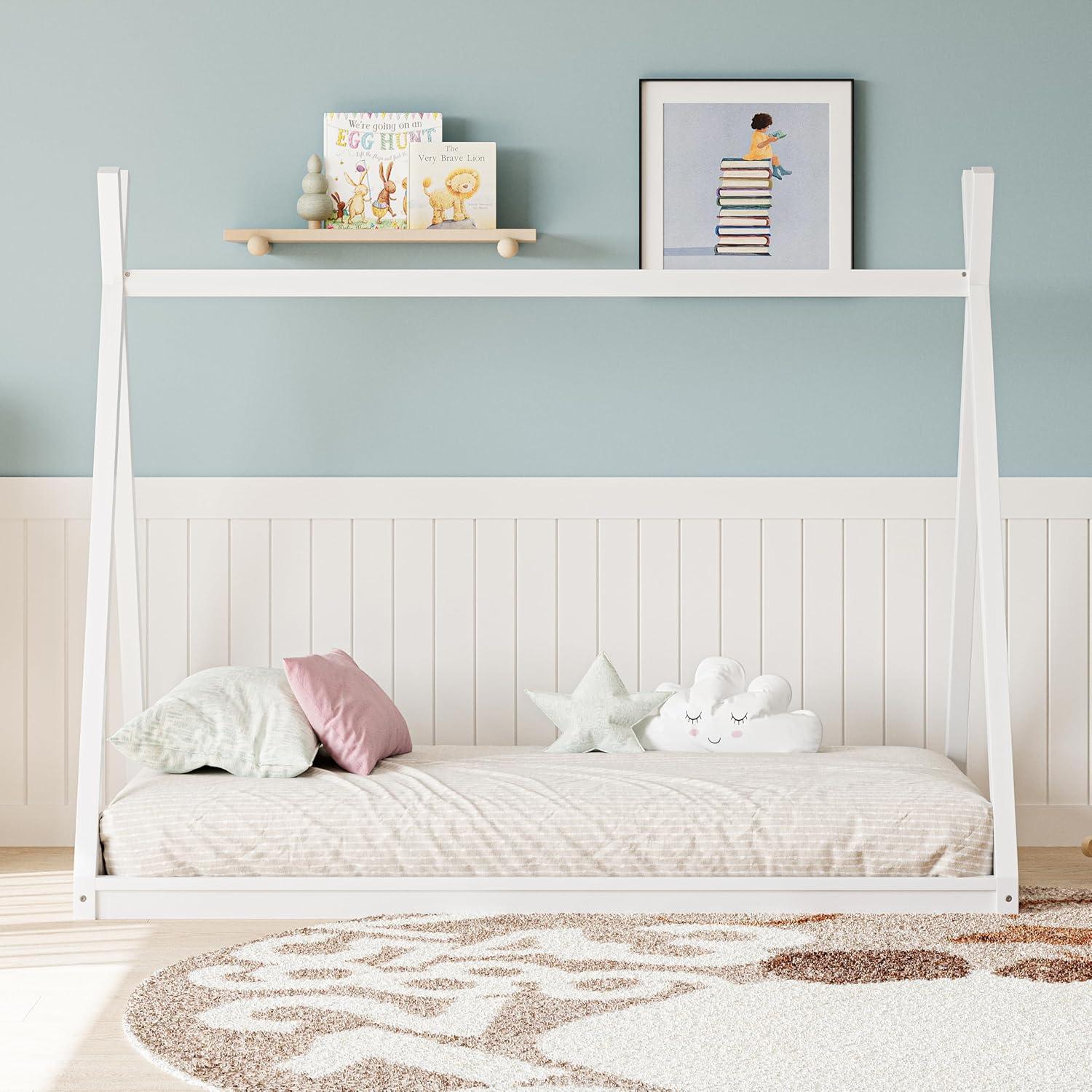 Twin Size House Beds with Tent for Kids, Wood Montessori Teepee Bed, Low Floor Bed for Boys Girls Teens, Without Slats, Easy Assembly, White