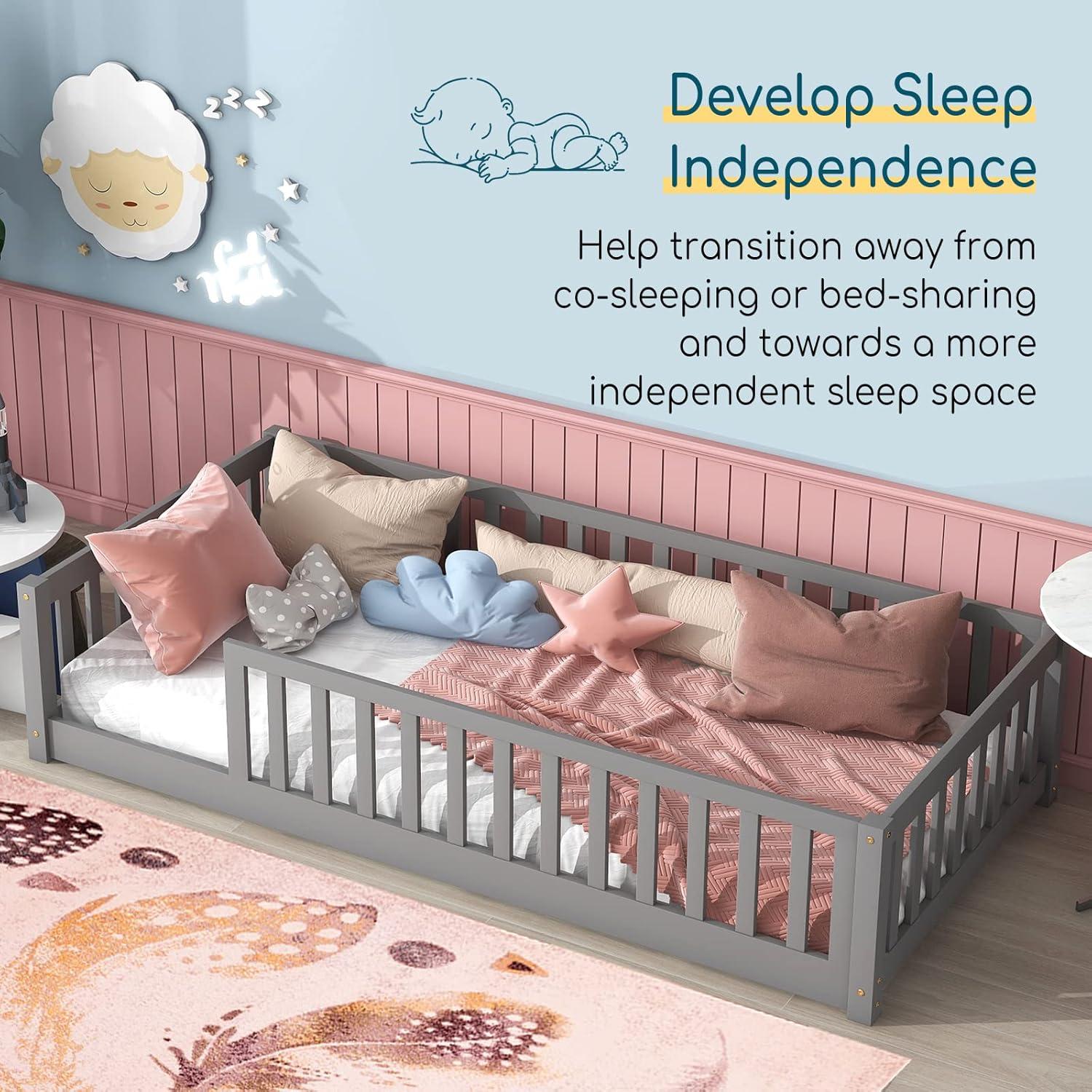 Cama de Piso Tatub Twin de Madera con Barandillas y Listones