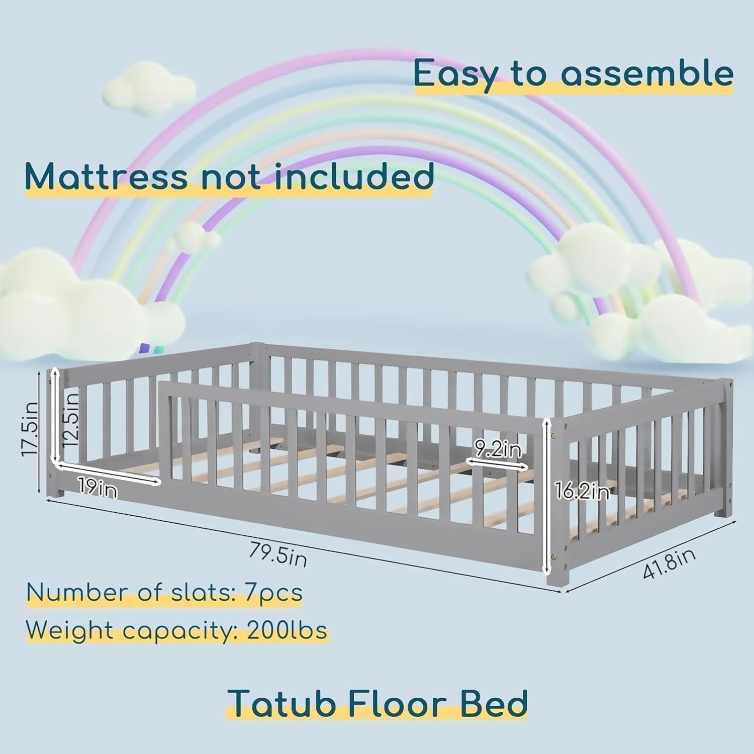 Cama de Piso Tatub Twin de Madera con Barandillas y Listones