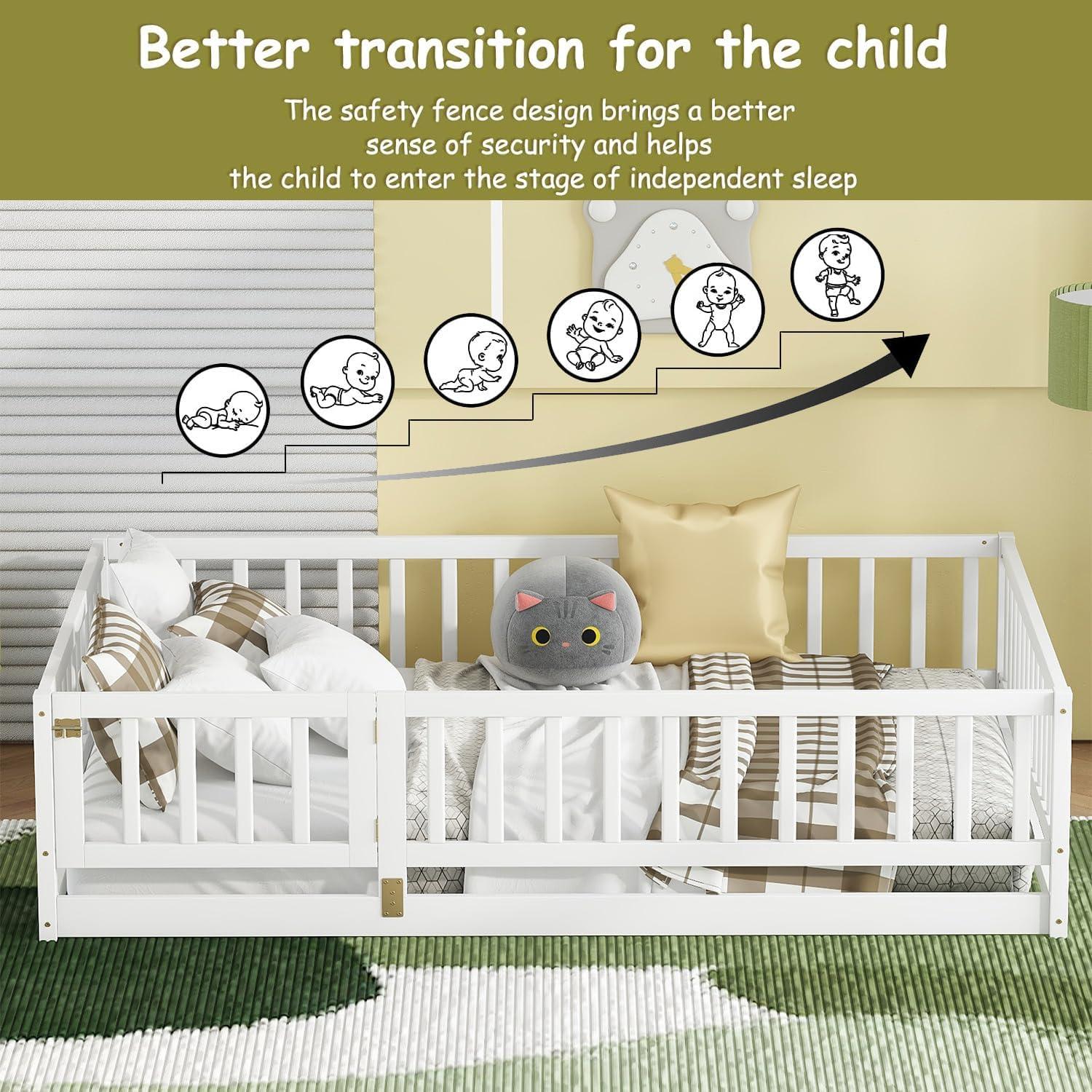 Cama Montessori Twin YHUBHSIS Blanca con Cerca y Puerta Removible