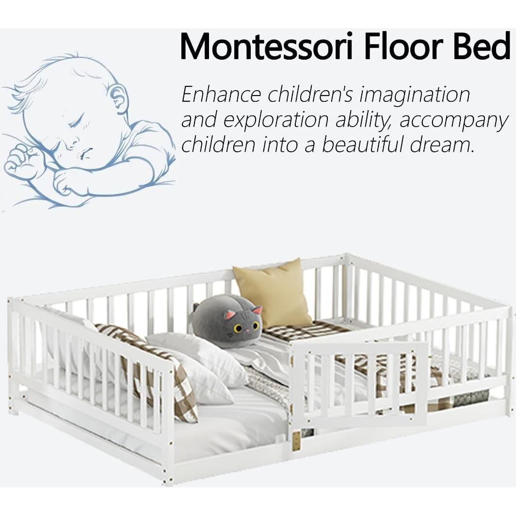Cama Montessori Twin YHUBHSIS Blanca con Cerca y Puerta Removible