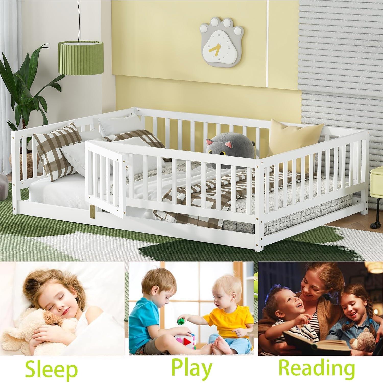 Cama Montessori Twin YHUBHSIS Blanca con Cerca y Puerta Removible