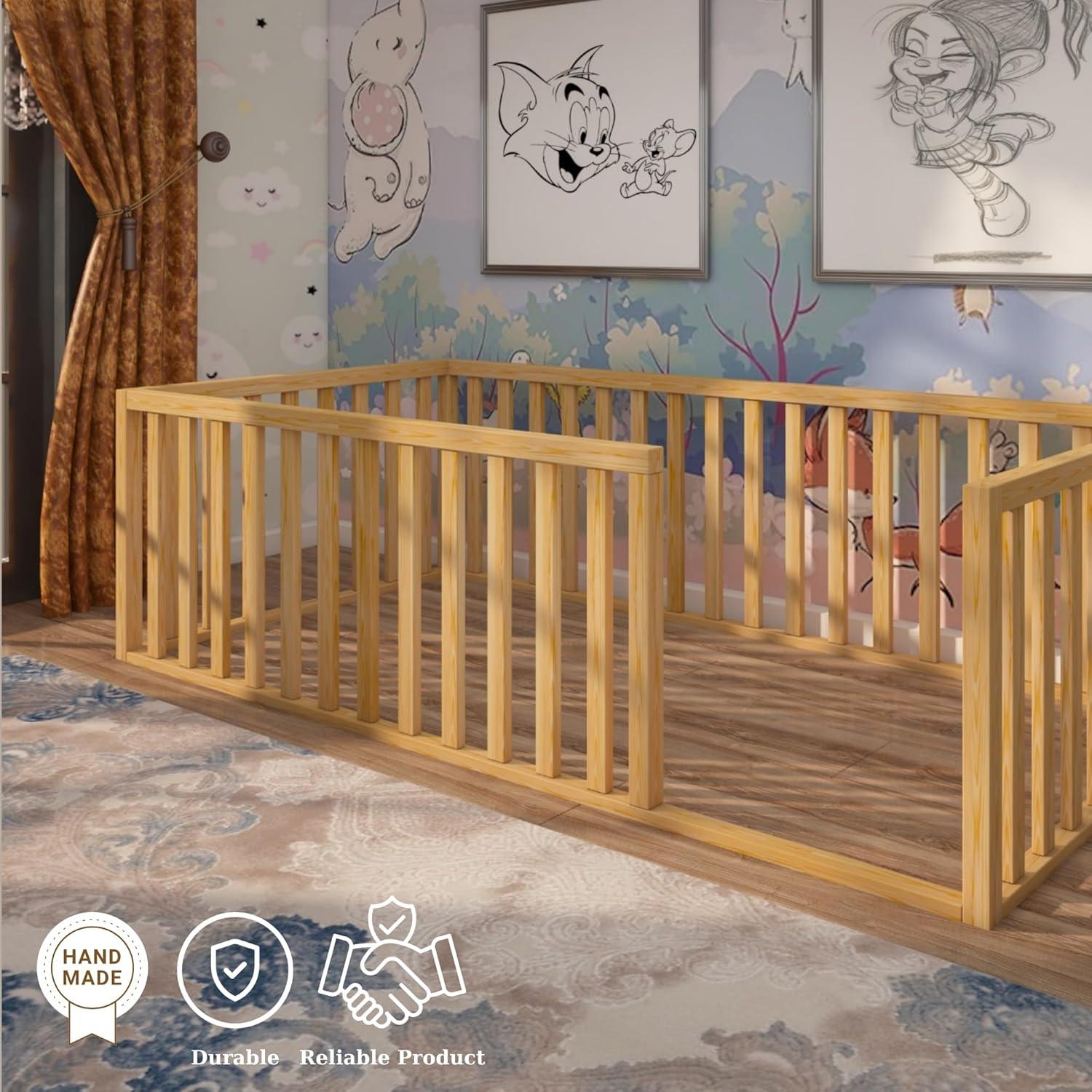 Cama Montessori de Madera de Pino 120 x 135 cm con Barandillas