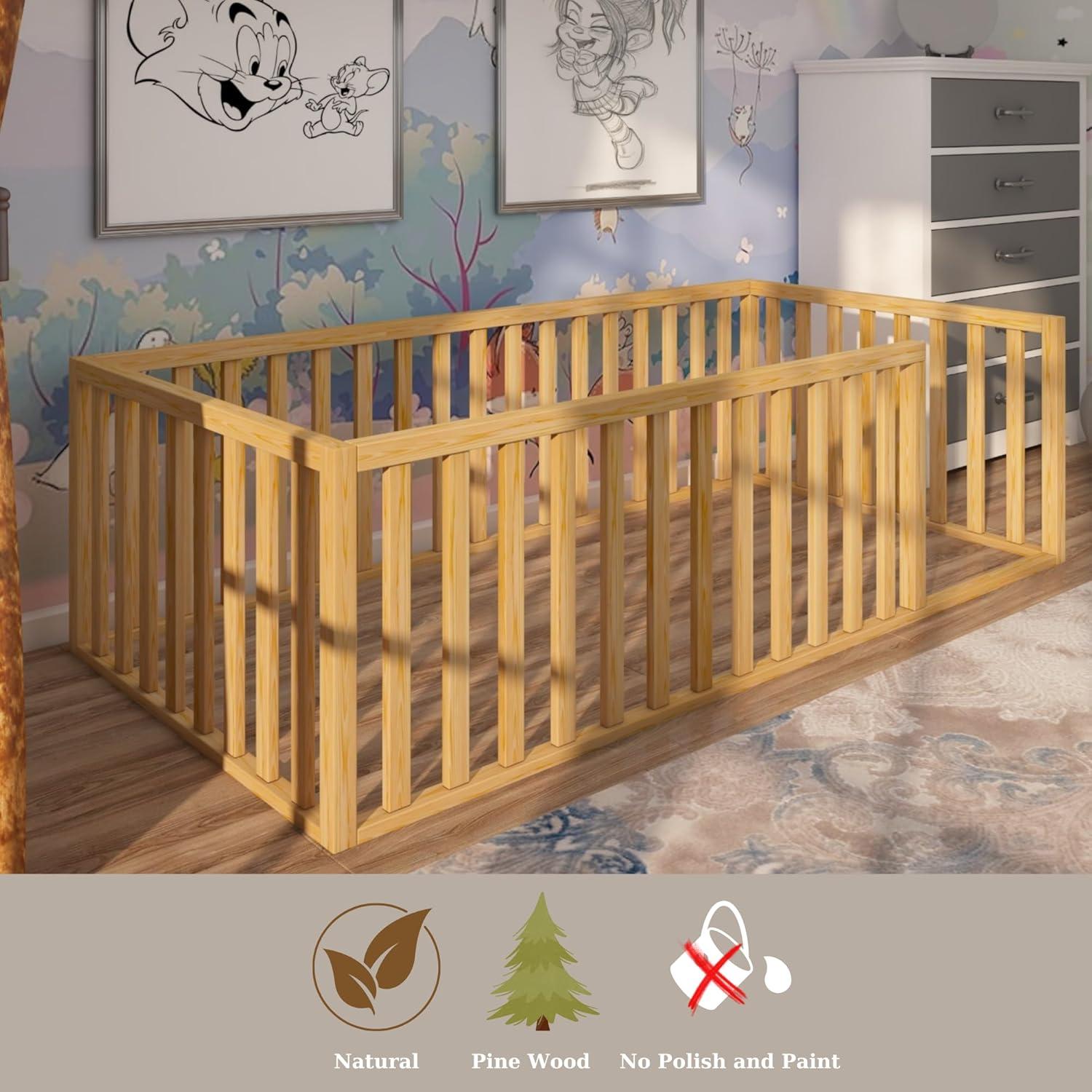 Cama Montessori de Madera de Pino 120 x 135 cm con Barandillas