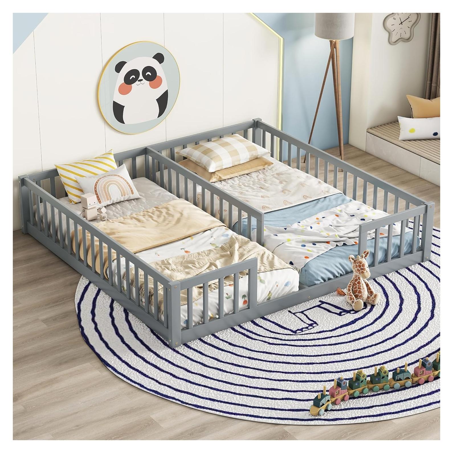 Cama Montessori Doble Twin Gris de Madera de Pino con Barandillas