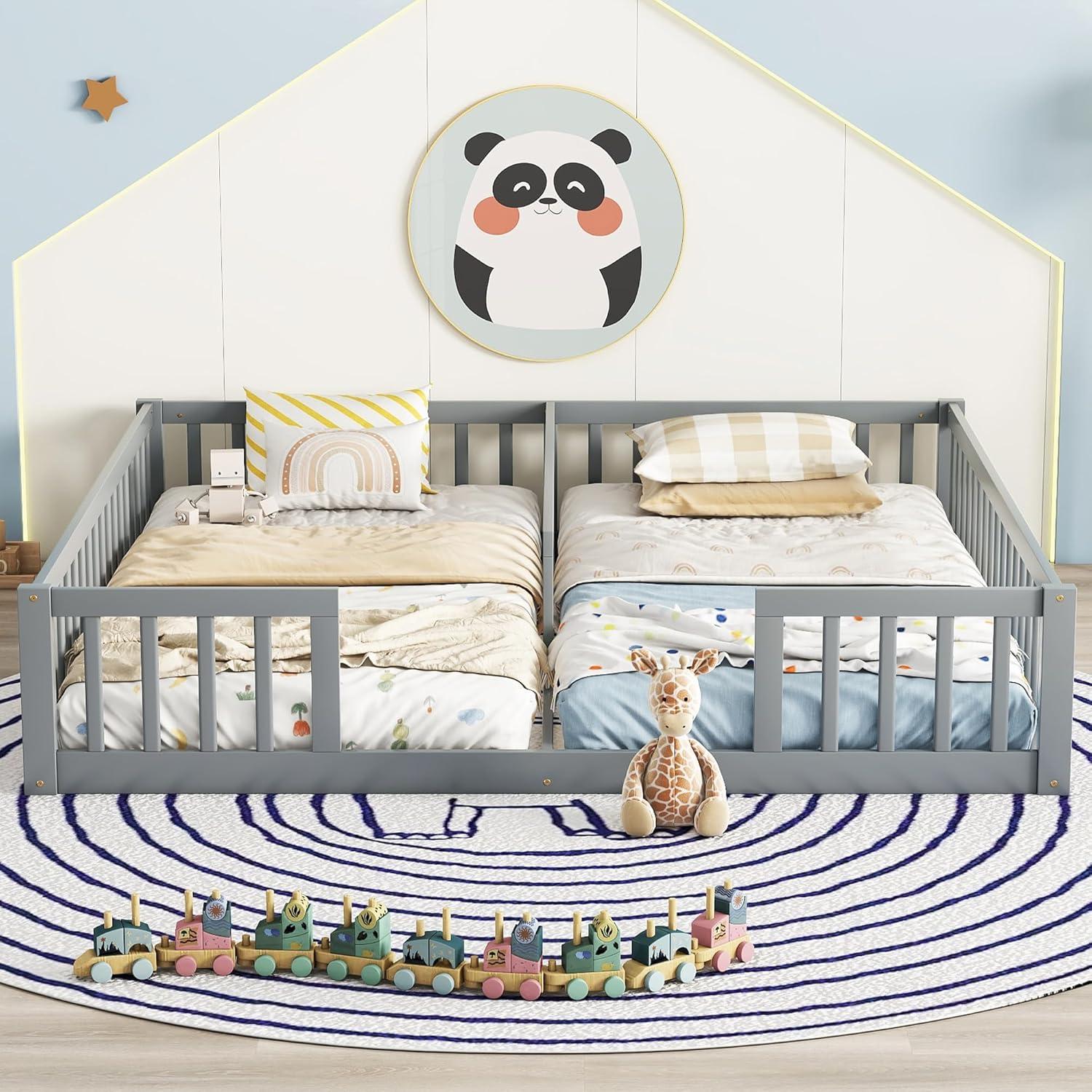 Cama Montessori Doble Twin Gris de Madera de Pino con Barandillas