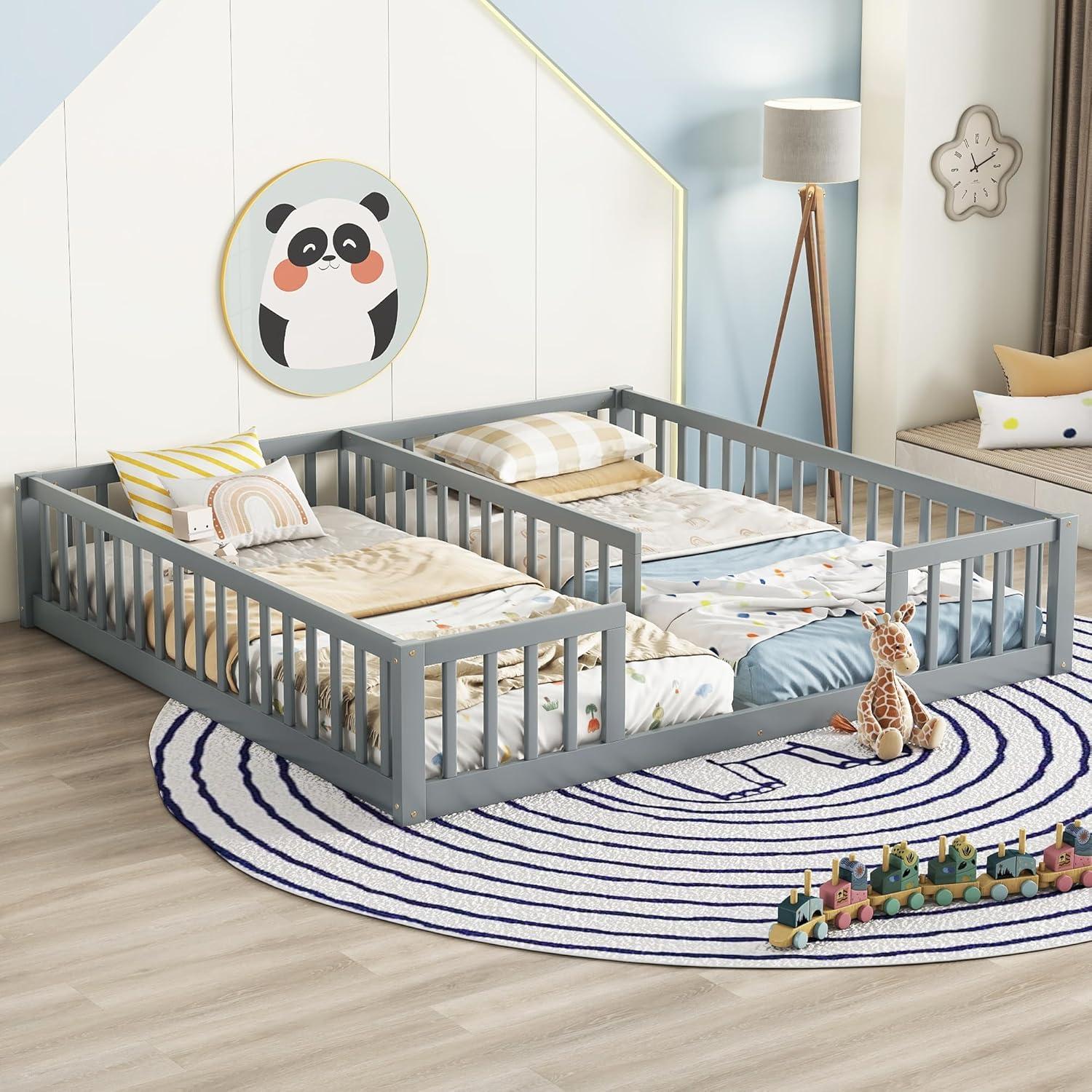 Cama Montessori Doble Twin Gris de Madera de Pino con Barandillas