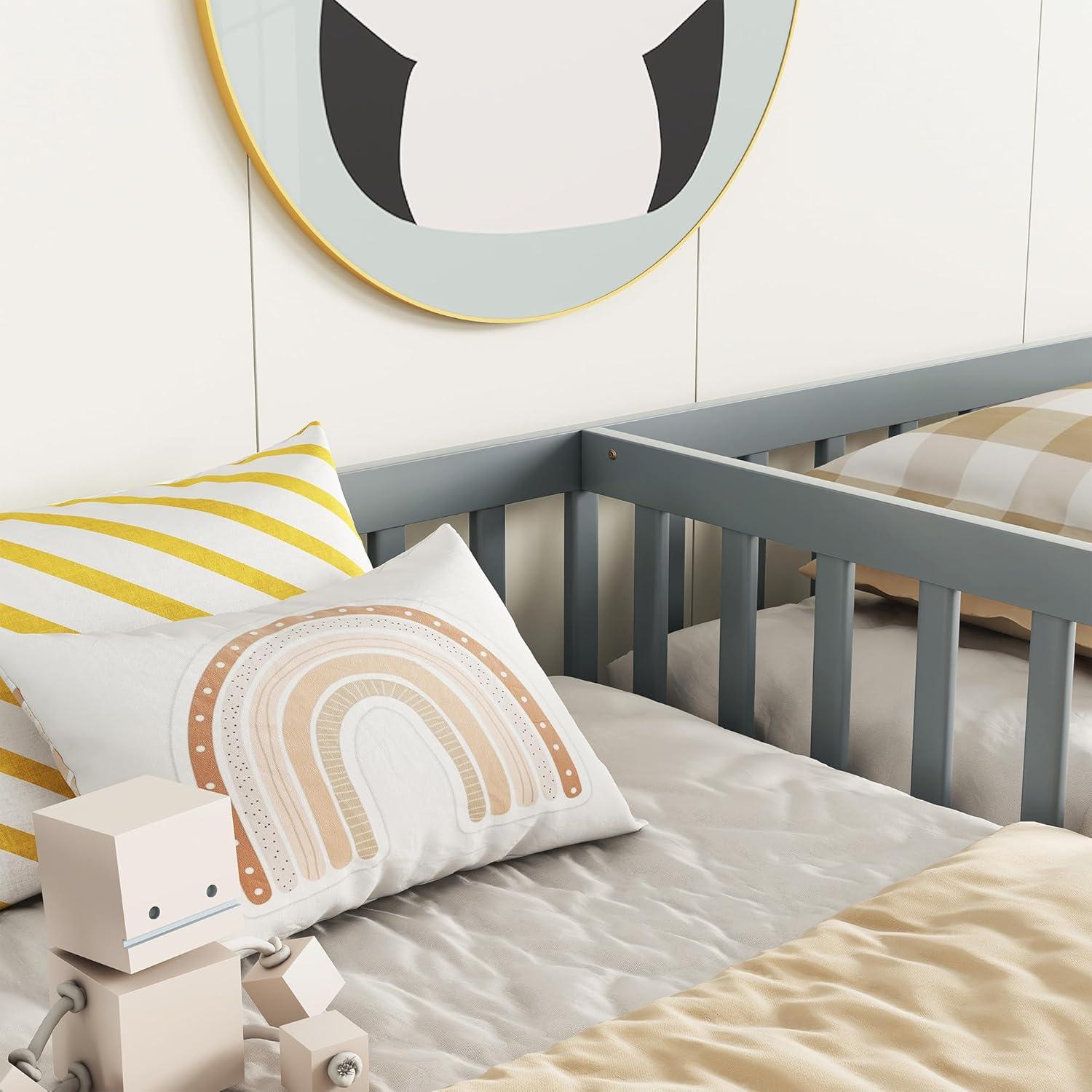 Cama Montessori Doble Twin Gris de Madera de Pino con Barandillas