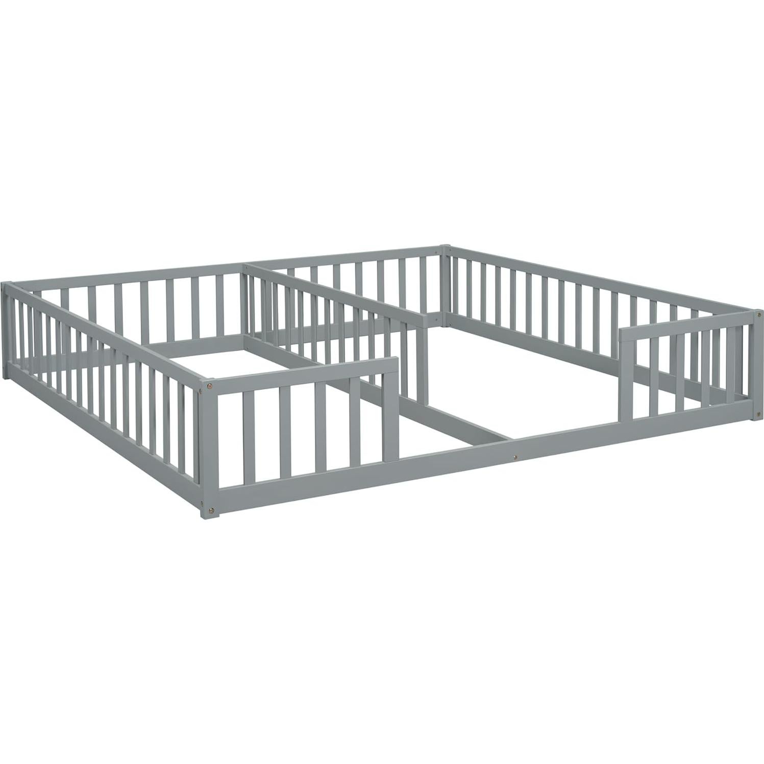 Cama Montessori Doble Twin Gris de Madera de Pino con Barandillas