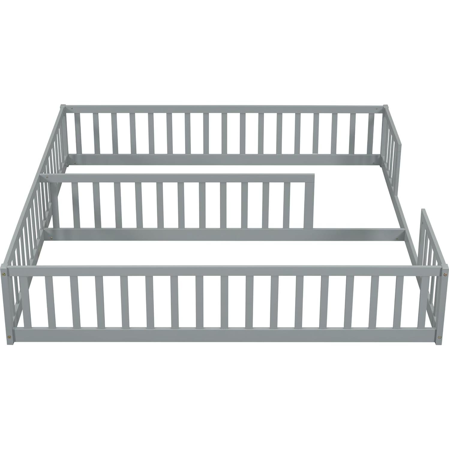 Cama Montessori Doble Twin Gris de Madera de Pino con Barandillas