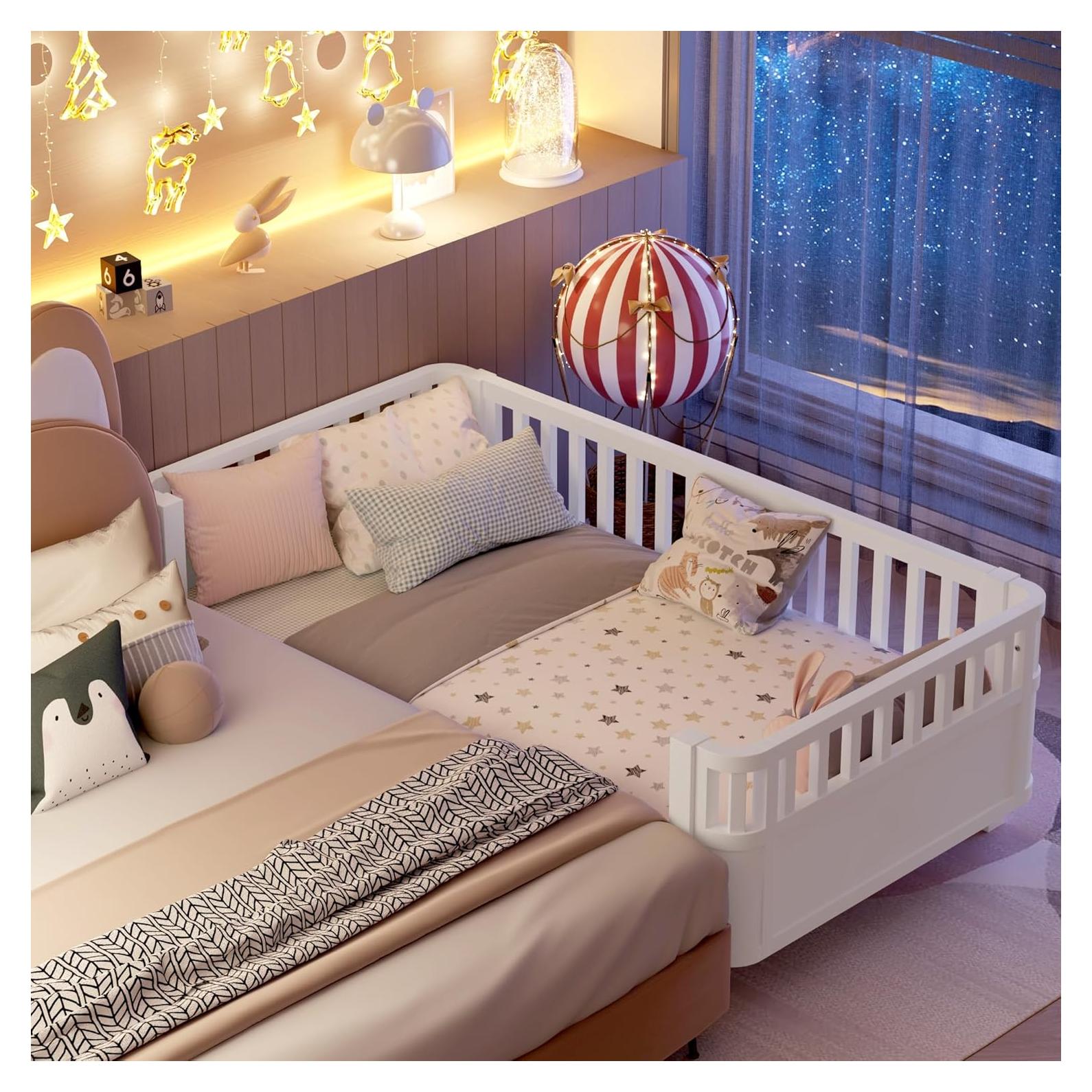 Cama Plataforma Twin NCKMYB de Madera con Barandilla 3 Lados Blanca