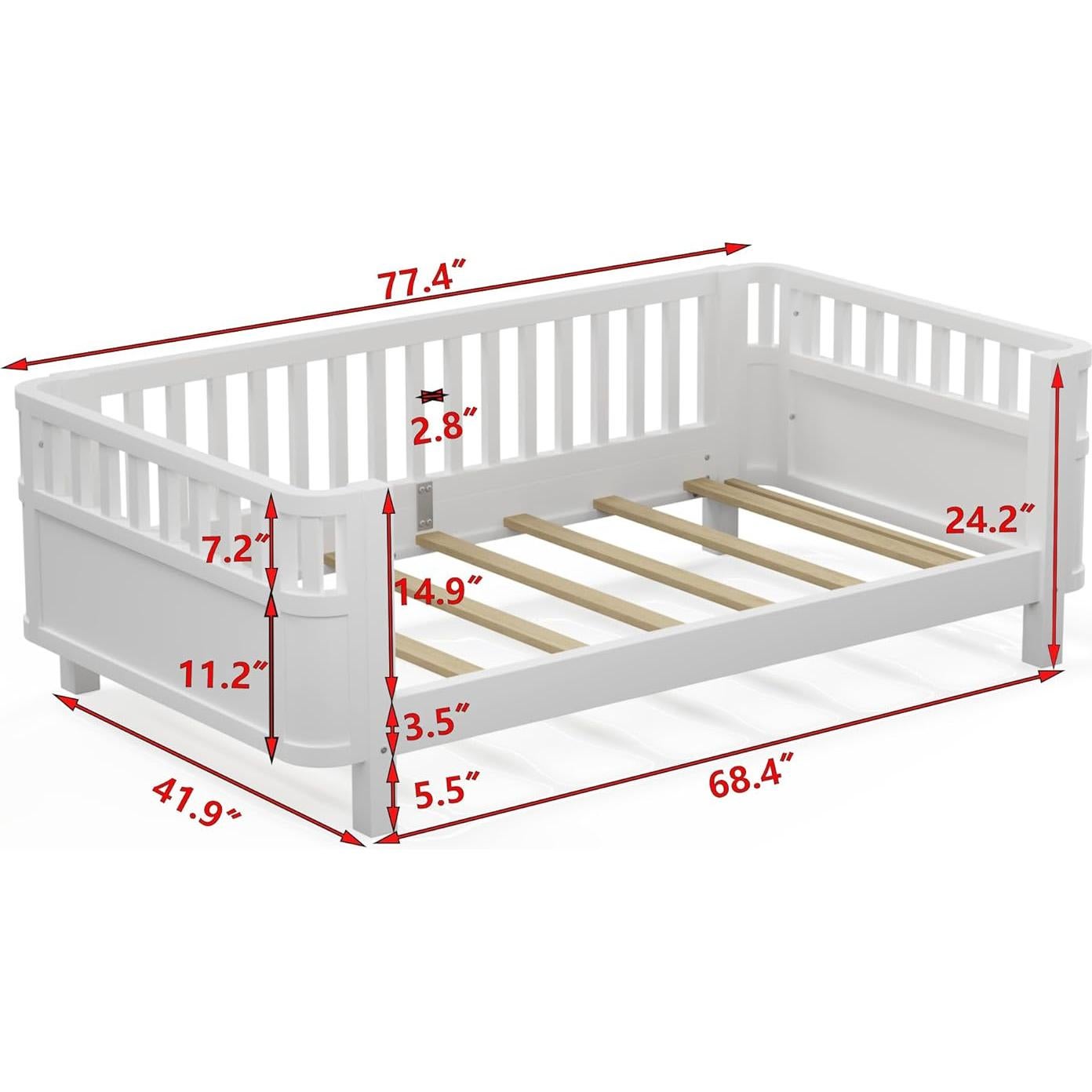 Cama Plataforma Twin NCKMYB de Madera con Barandilla 3 Lados Blanca