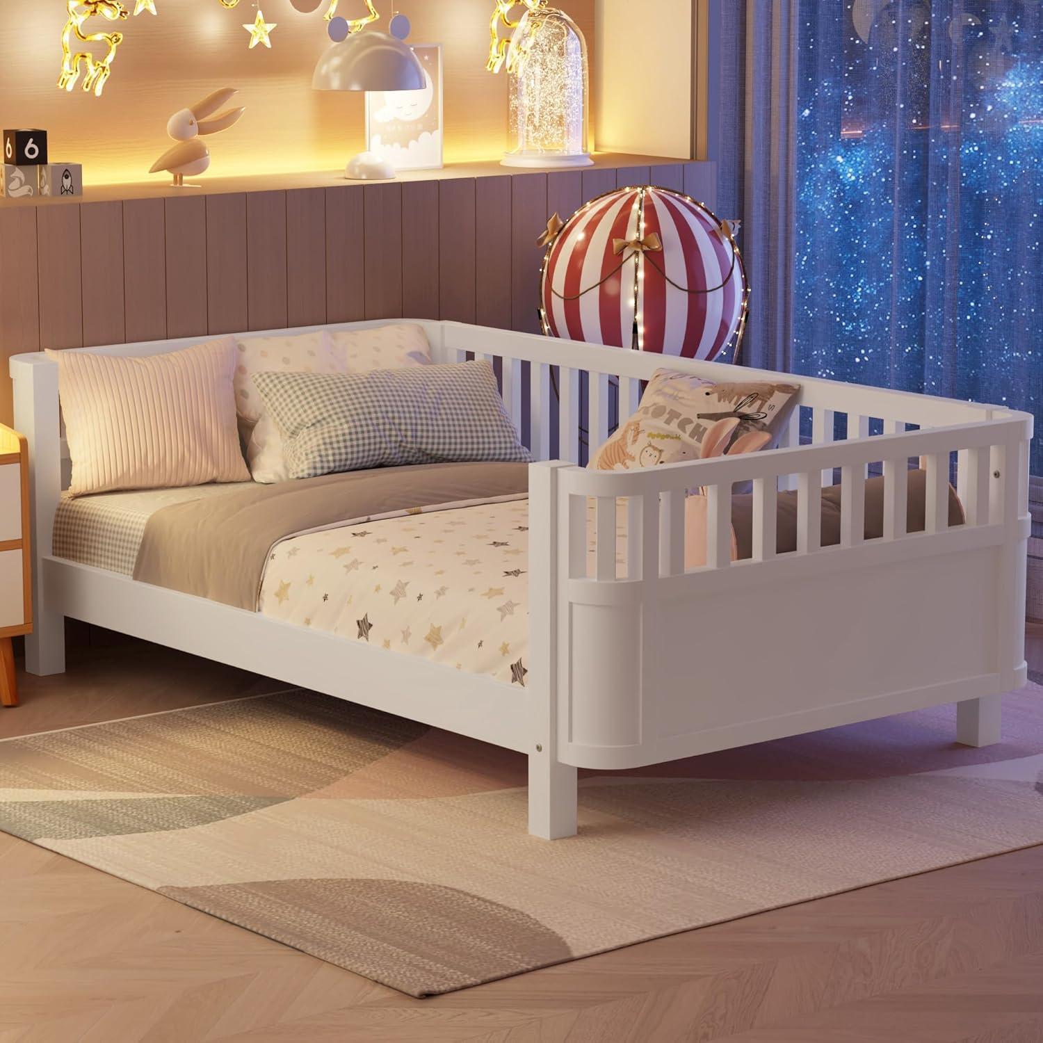 Cama Plataforma Twin NCKMYB de Madera con Barandilla 3 Lados Blanca