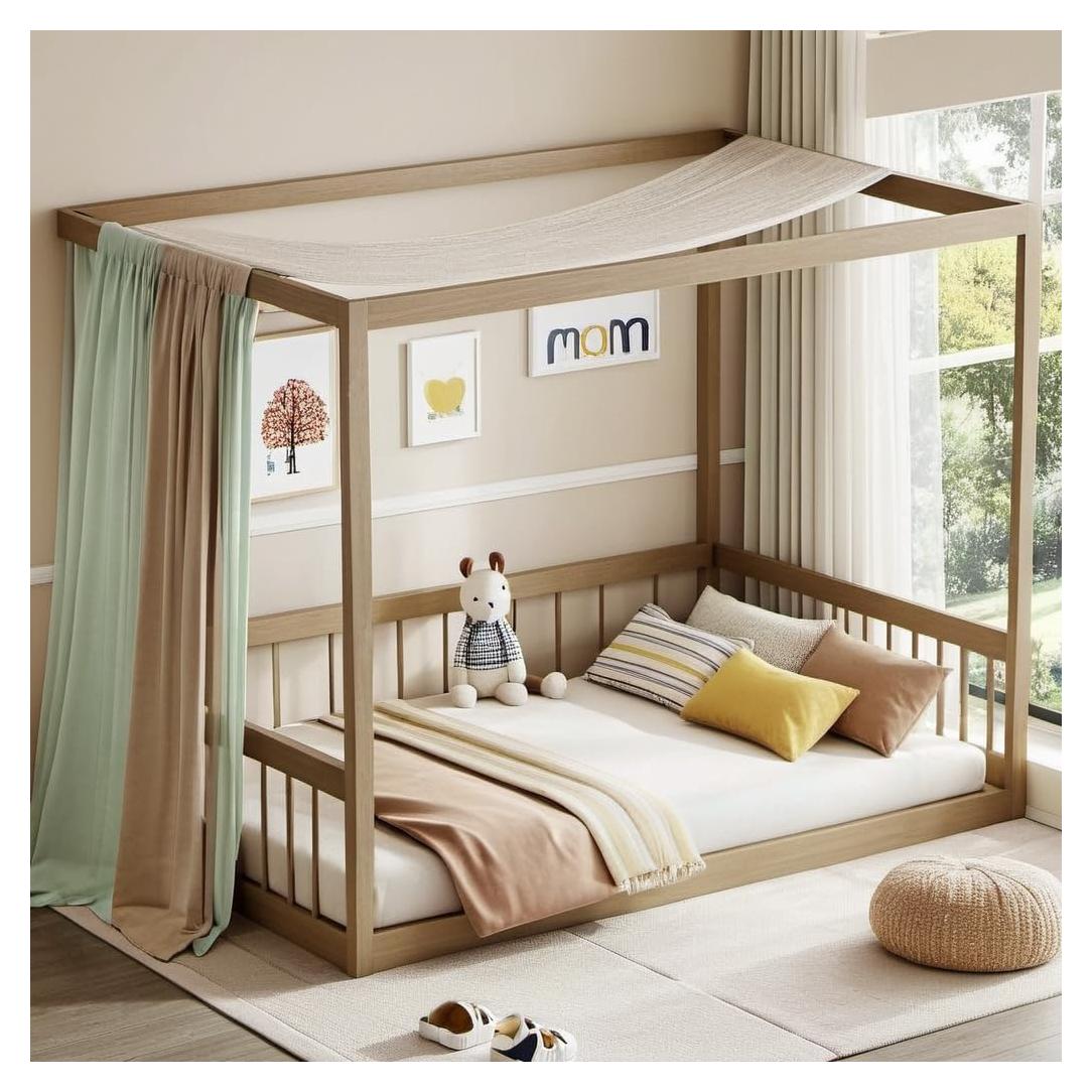 Cama de Piso Montessori PVWIIK con Dosel y Barandillas Natural