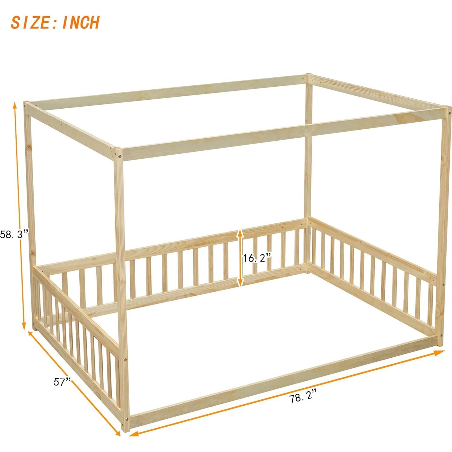 Cama de Piso Montessori PVWIIK con Dosel y Barandillas Natural