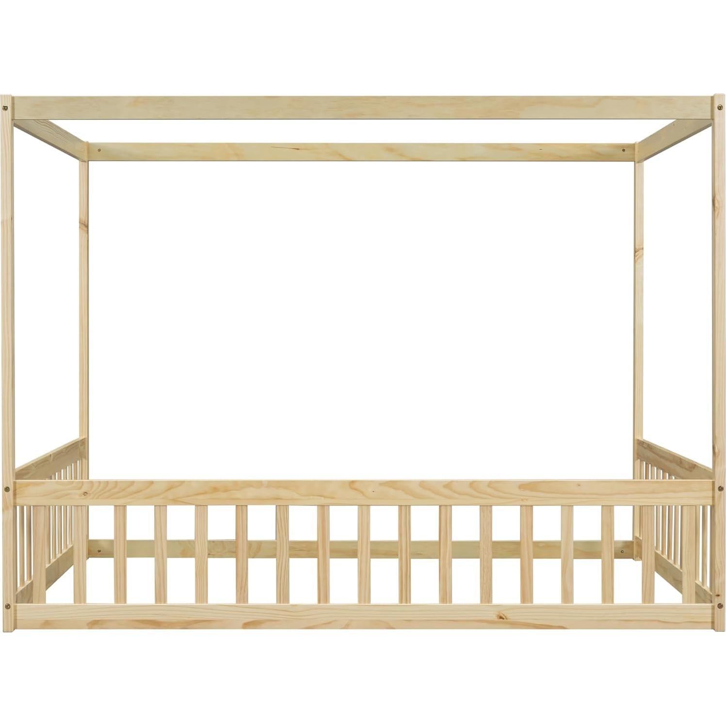 Cama de Piso Montessori PVWIIK con Dosel y Barandillas Natural