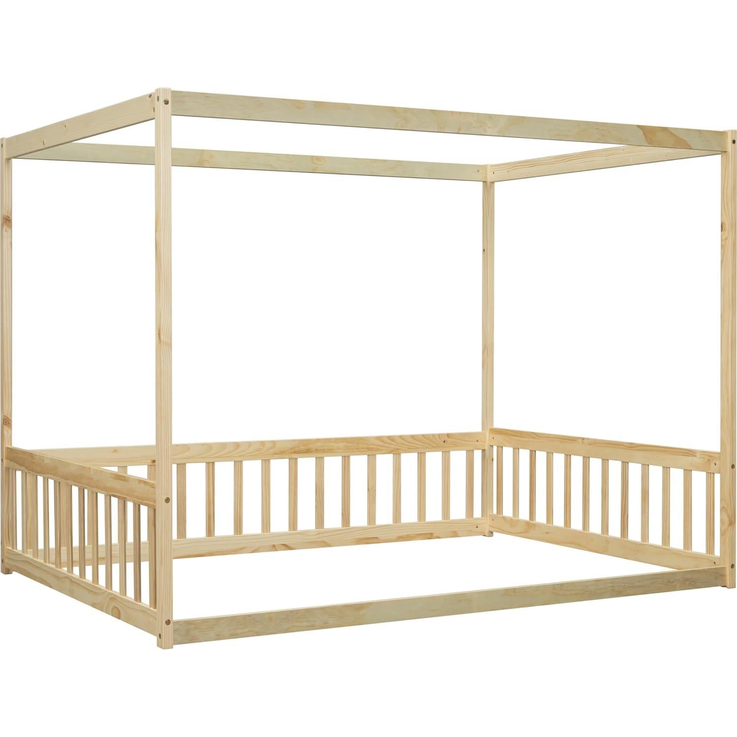 Cama de Piso Montessori PVWIIK con Dosel y Barandillas Natural