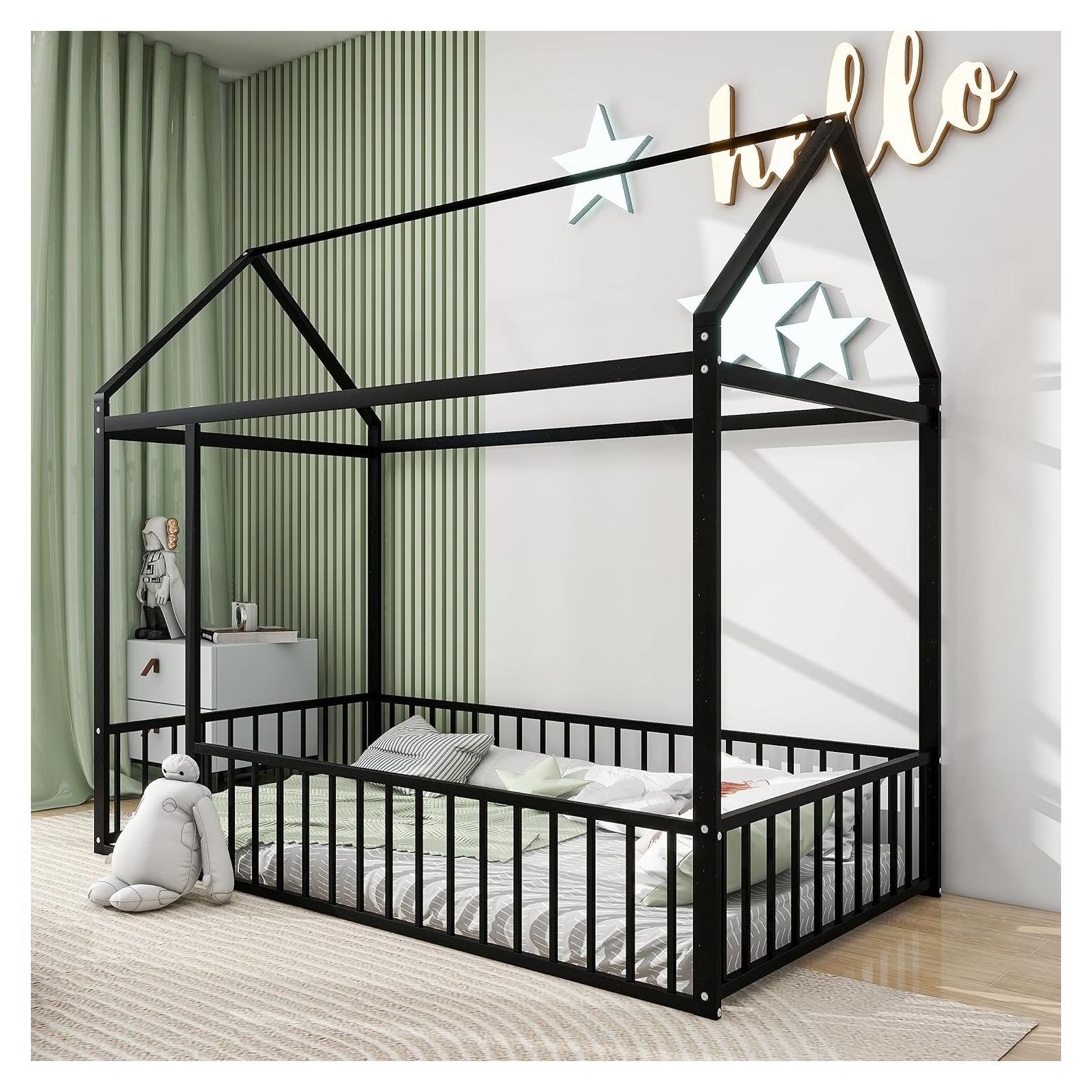 Cama de Piso Montessori HAUSHECK Twin con Techo y Barandillas