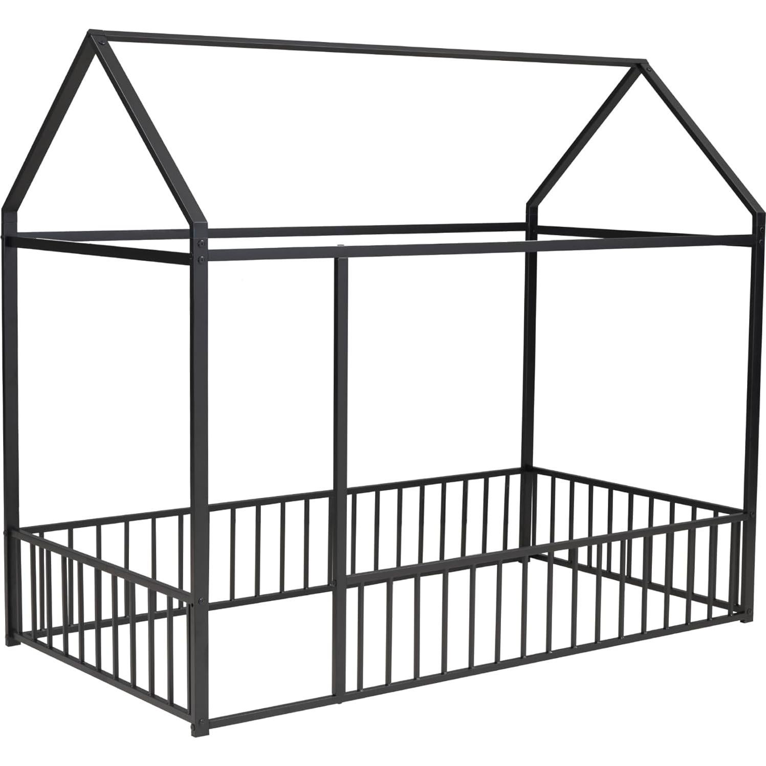 Cama de Piso Montessori HAUSHECK Twin con Techo y Barandillas