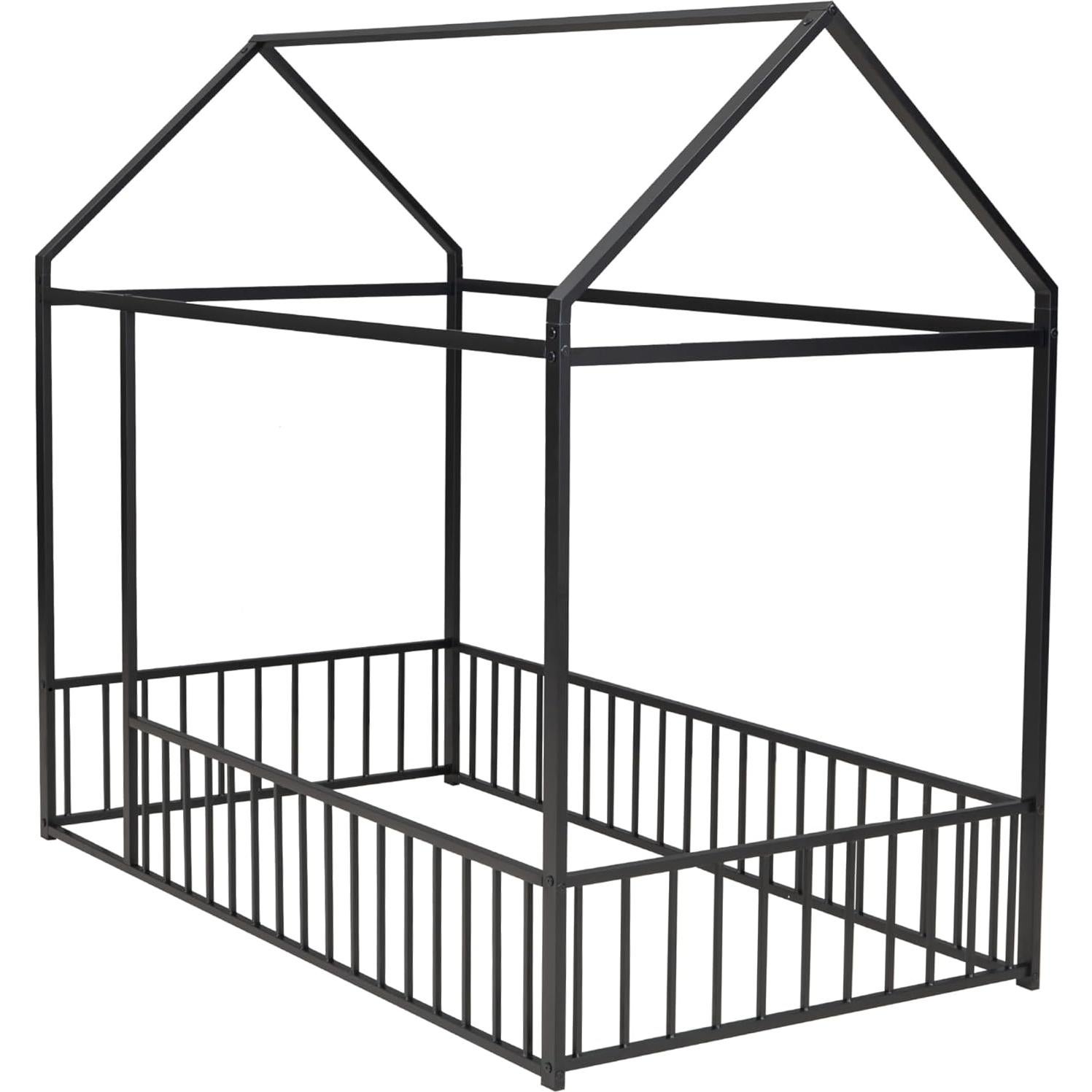 Cama de Piso Montessori HAUSHECK Twin con Techo y Barandillas