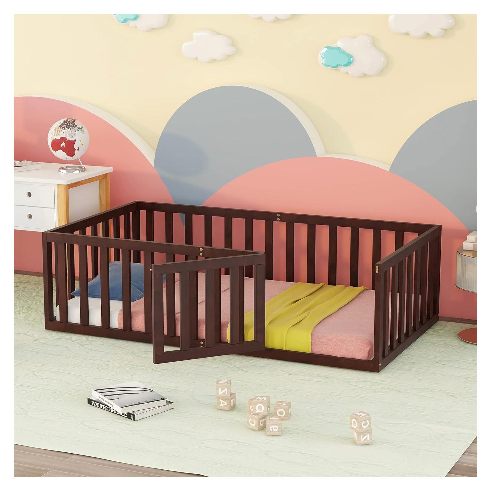 Cama de Piso Twin Bellemave para Niños con Barandillas Nuez