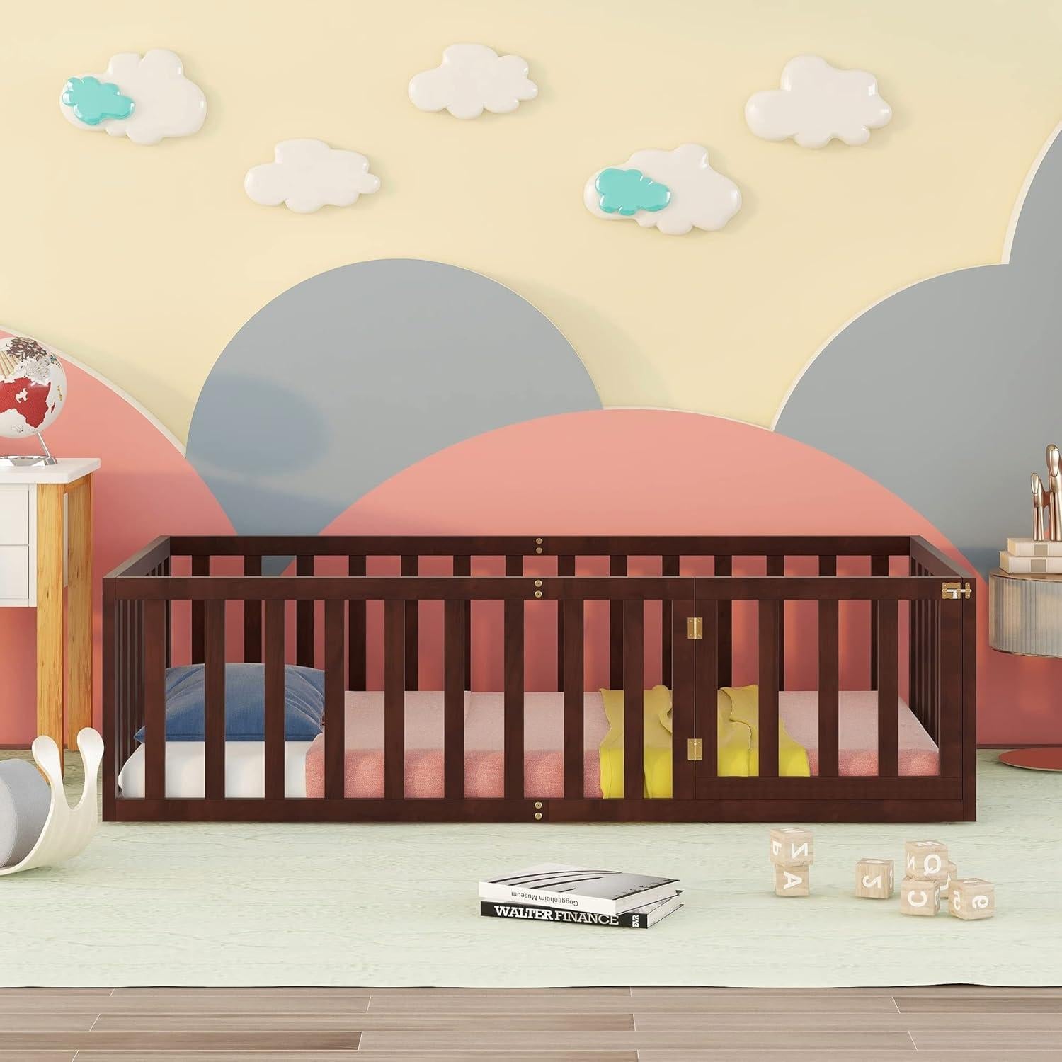 Cama de Piso Twin Bellemave para Niños con Barandillas Nuez