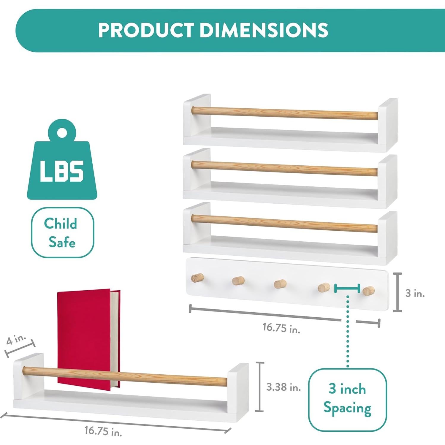 Estantes Flotantes Pricklpear con Perchero - 42 cm, Juego de 4