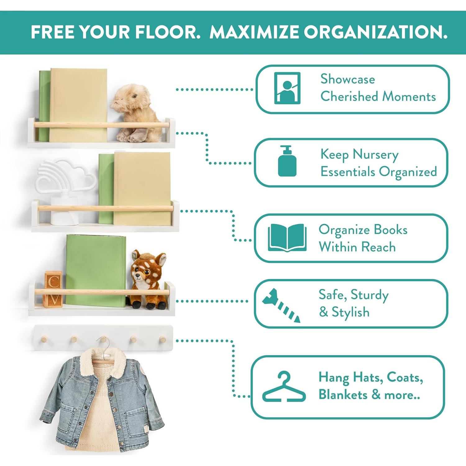 Estantes Flotantes Pricklpear con Perchero - 42 cm, Juego de 4