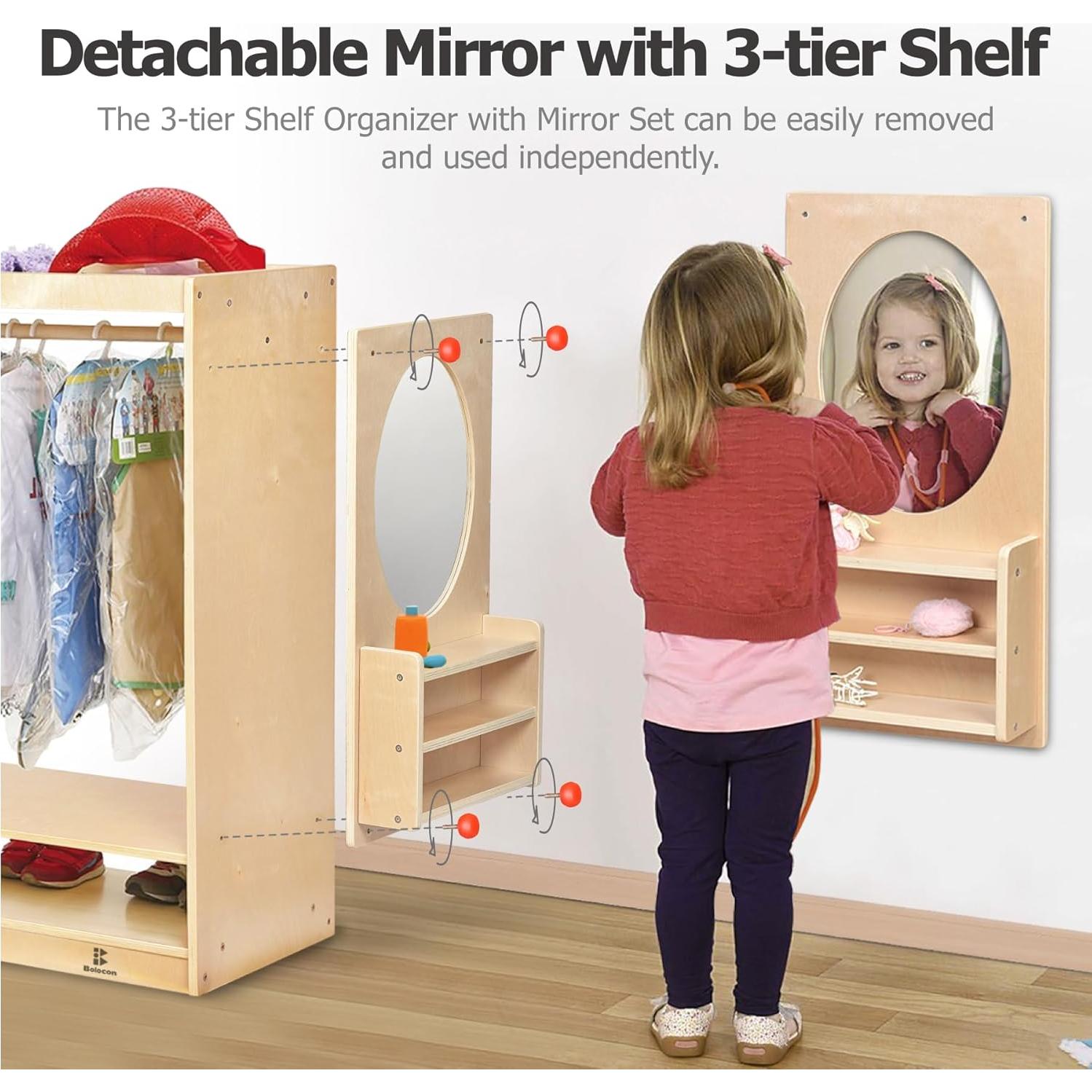 Kids Dress Up Center Girls/Boys Pretend Play Closet, Clothes Rack with Organizer Mirror Set, Cubbies for Costume,Toddler Montessori Furniture, Wardrobe for Daycare//Preschool (Standard)