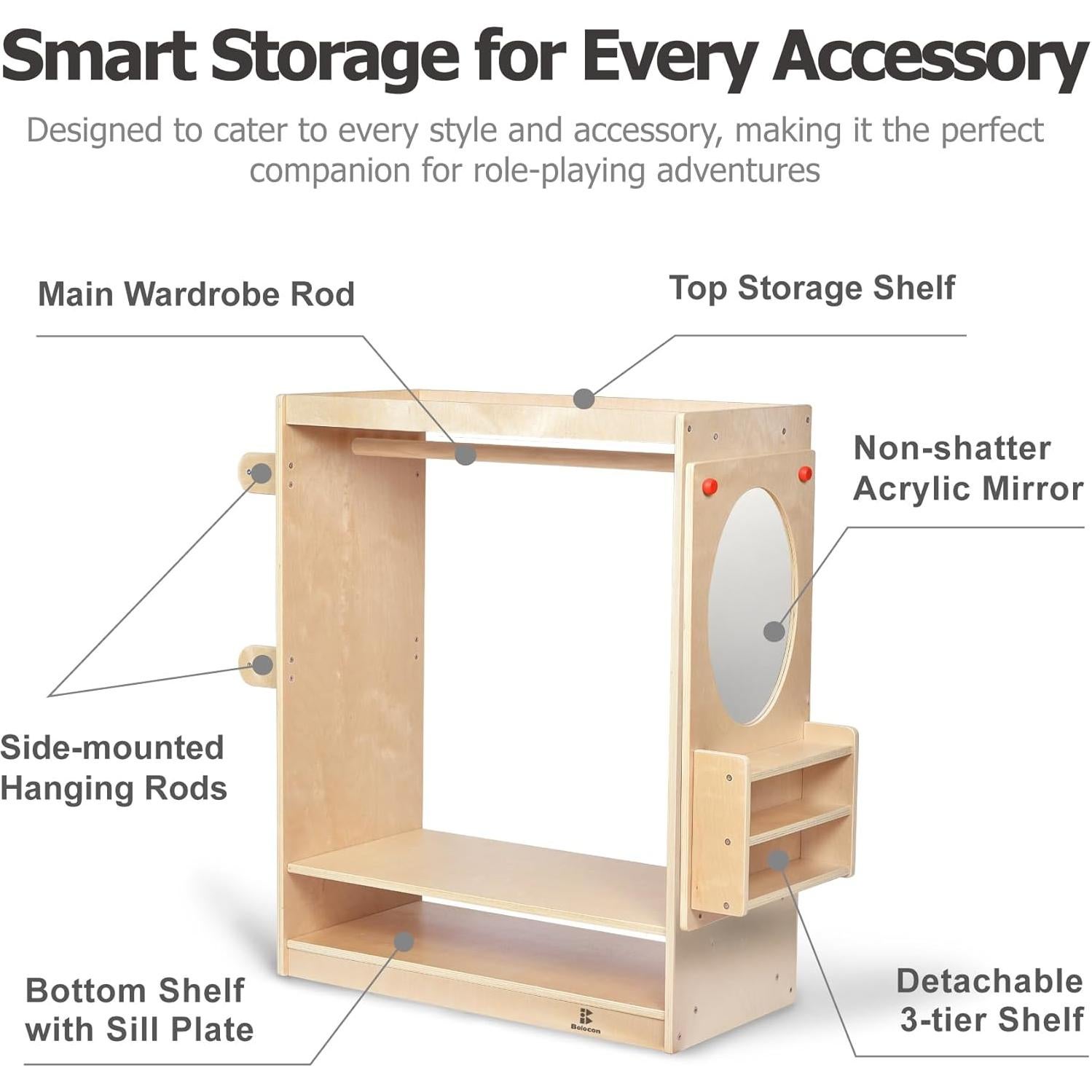 Kids Dress Up Center Girls/Boys Pretend Play Closet, Clothes Rack with Organizer Mirror Set, Cubbies for Costume,Toddler Montessori Furniture, Wardrobe for Daycare//Preschool (Standard)