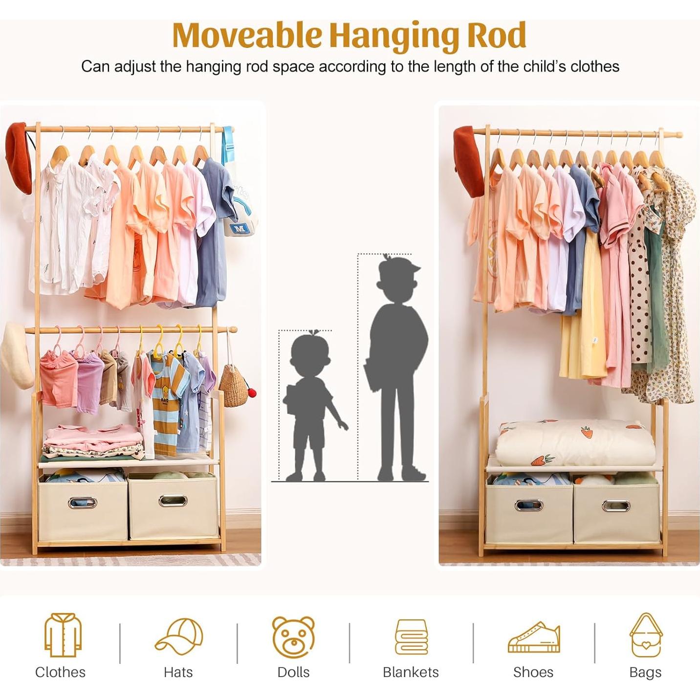 Perchero Infantil de Bambú Vilaxing con 2 Cestas y Varillas Ajustables