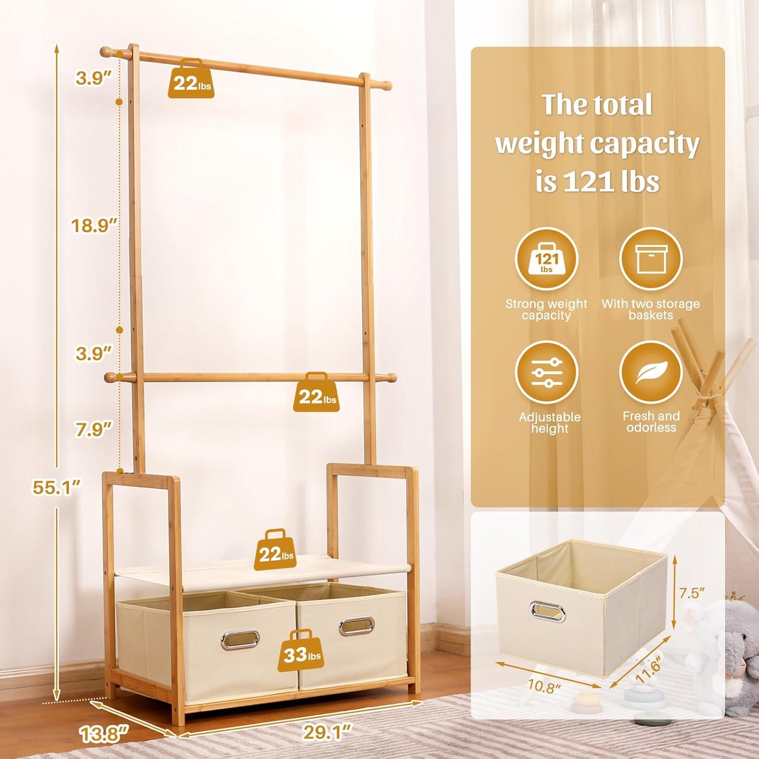 Perchero Infantil de Bambú Vilaxing con 2 Cestas y Varillas Ajustables