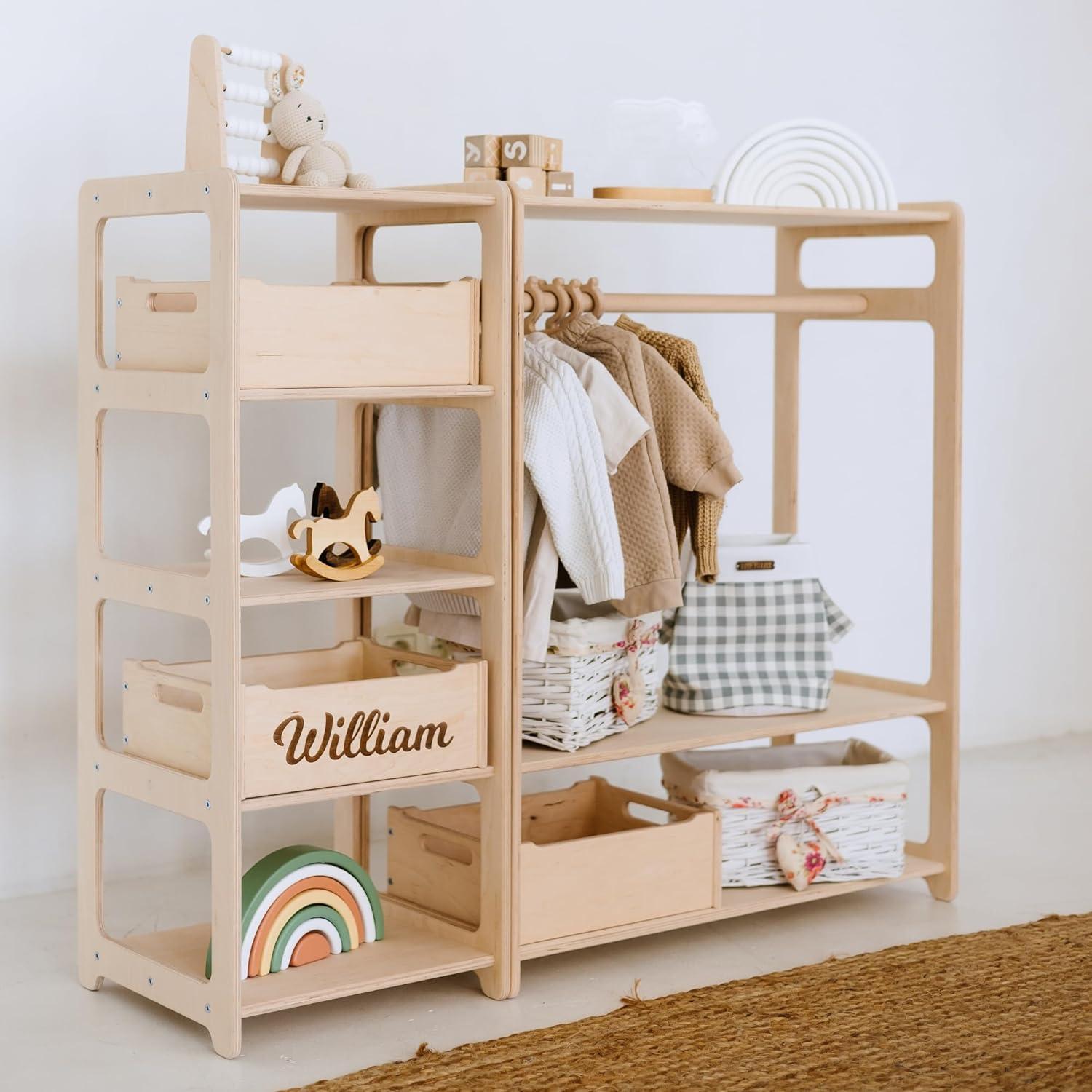 Estante de Juguetes Grande y Perchero de Madera Montessori