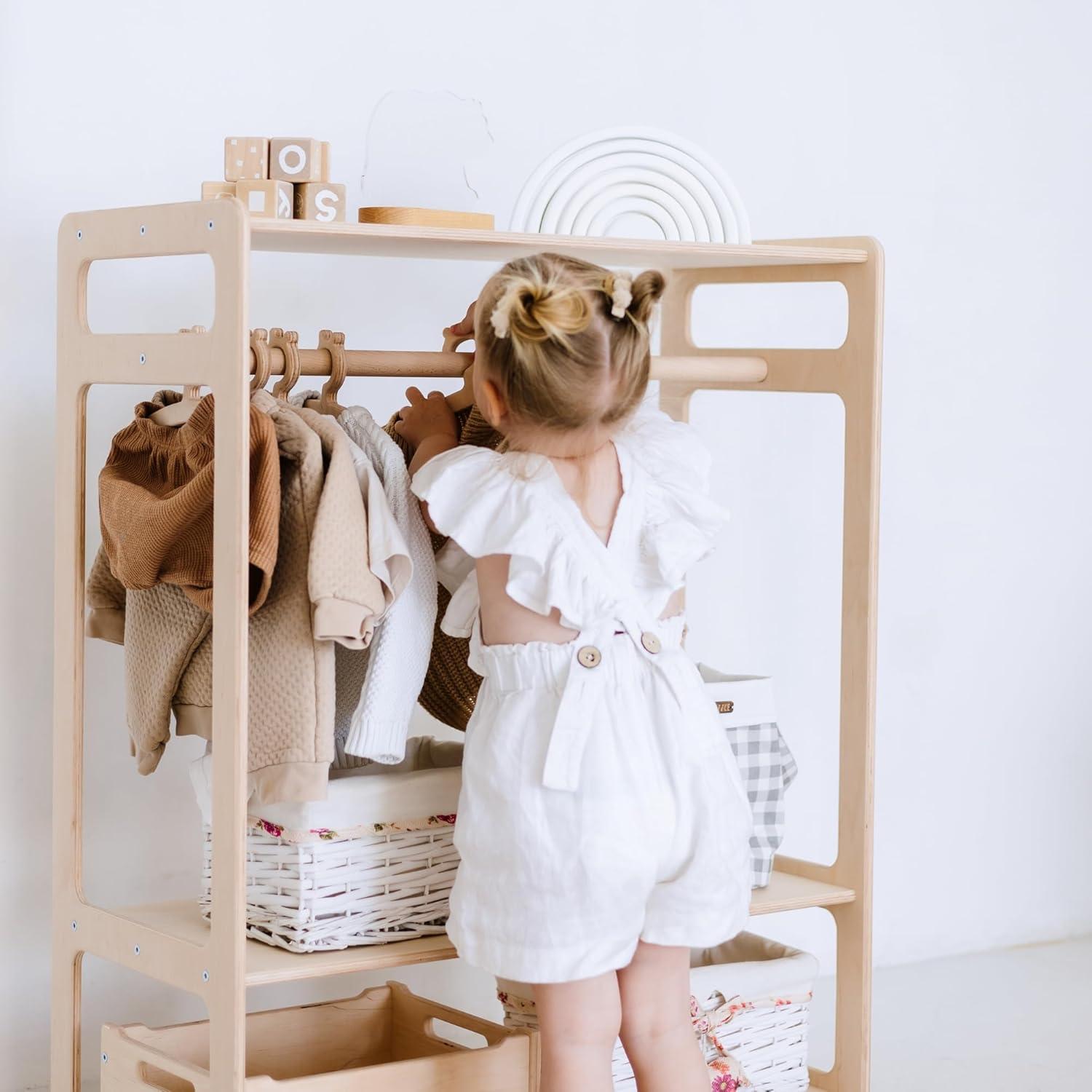 Estante de Juguetes Grande y Perchero de Madera Montessori