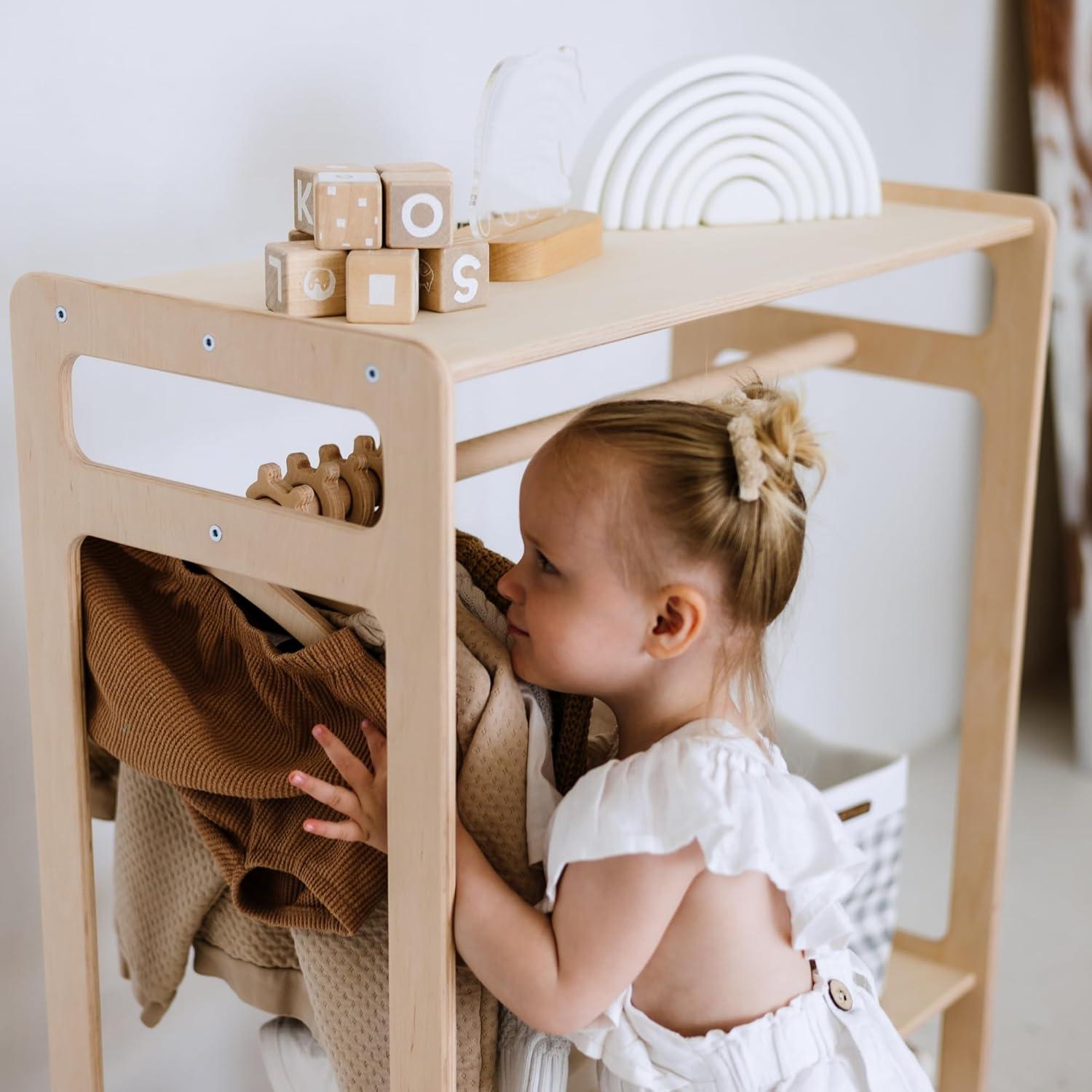 Estante de Juguetes Grande y Perchero de Madera Montessori
