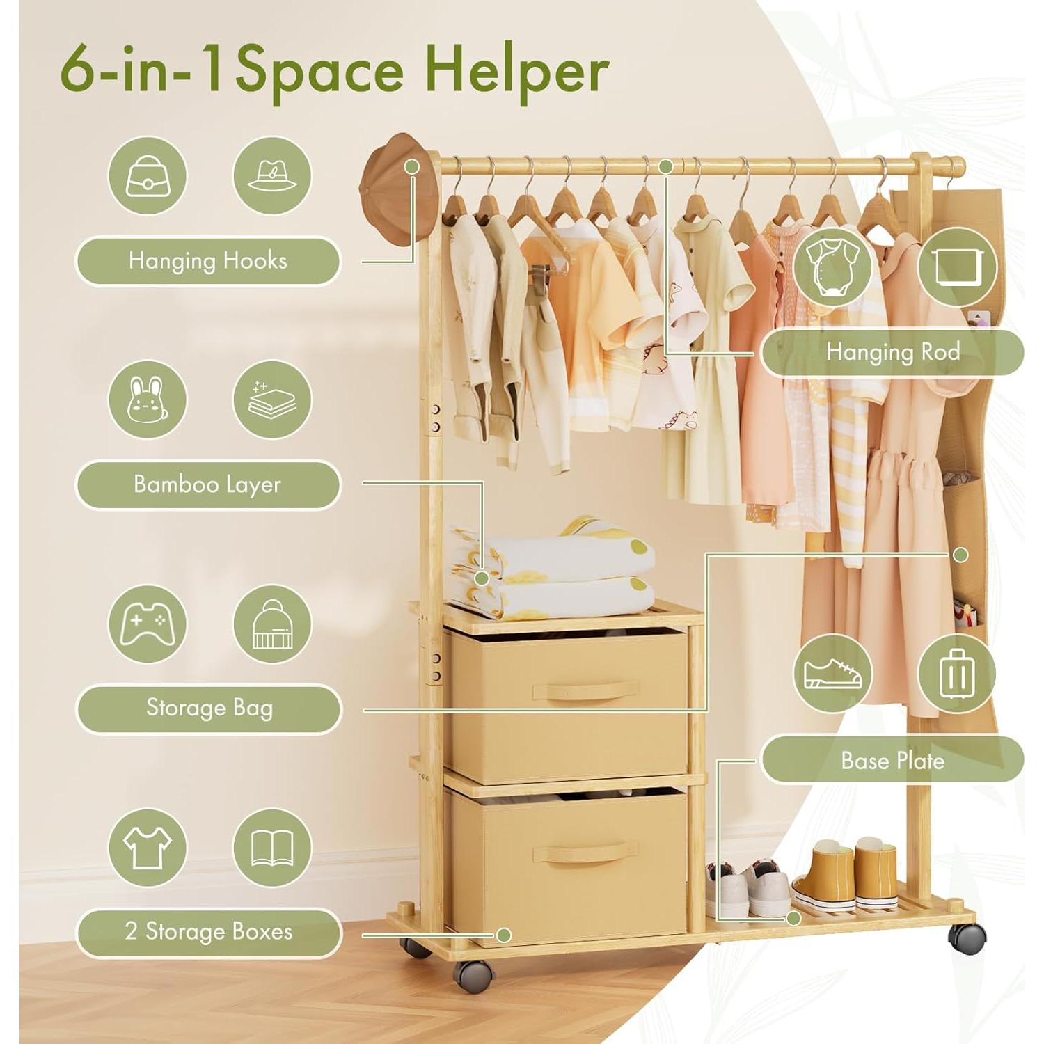 Soporte de Ropa para Niños Amazer de Bambú con Almacenamiento