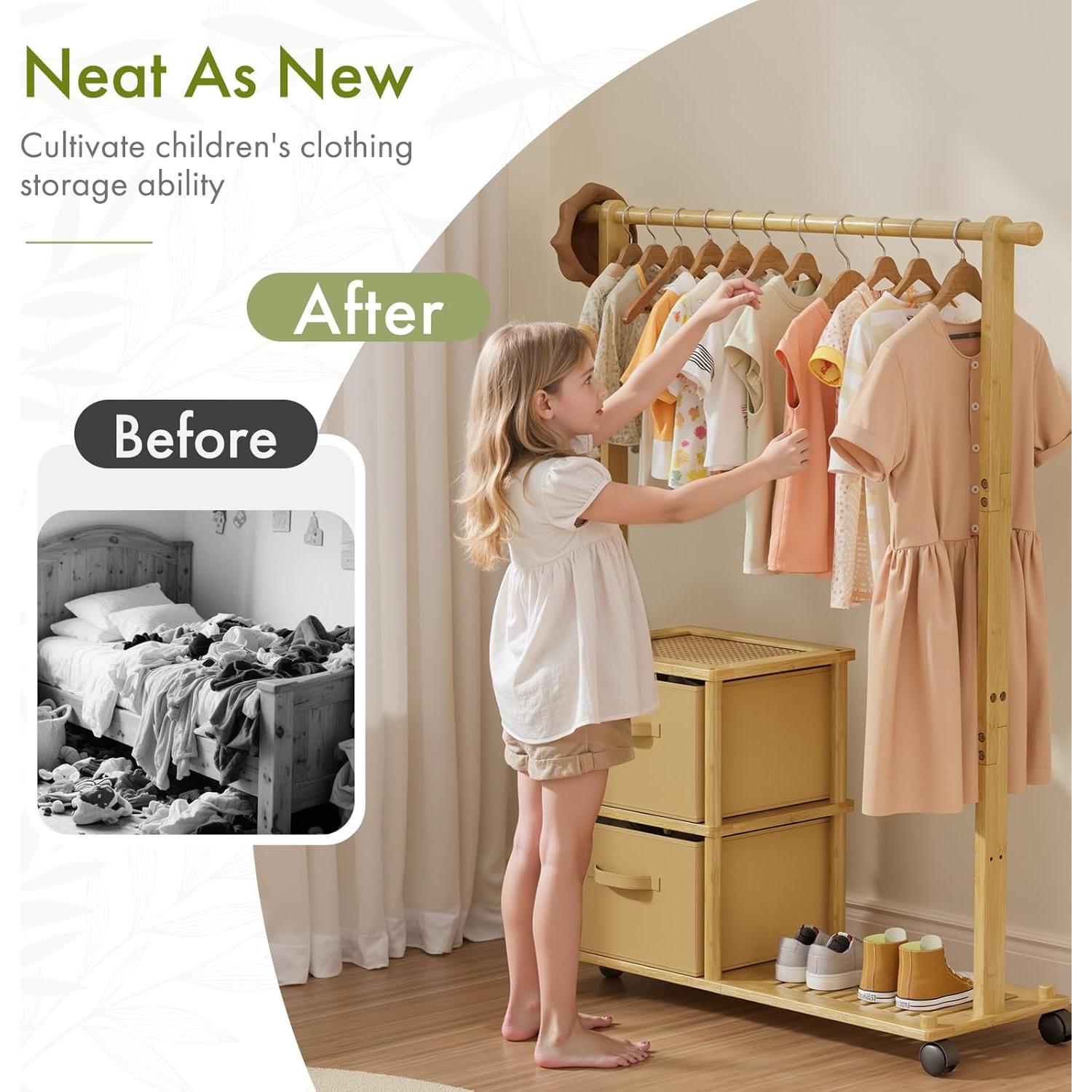 Soporte de Ropa para Niños Amazer de Bambú con Almacenamiento