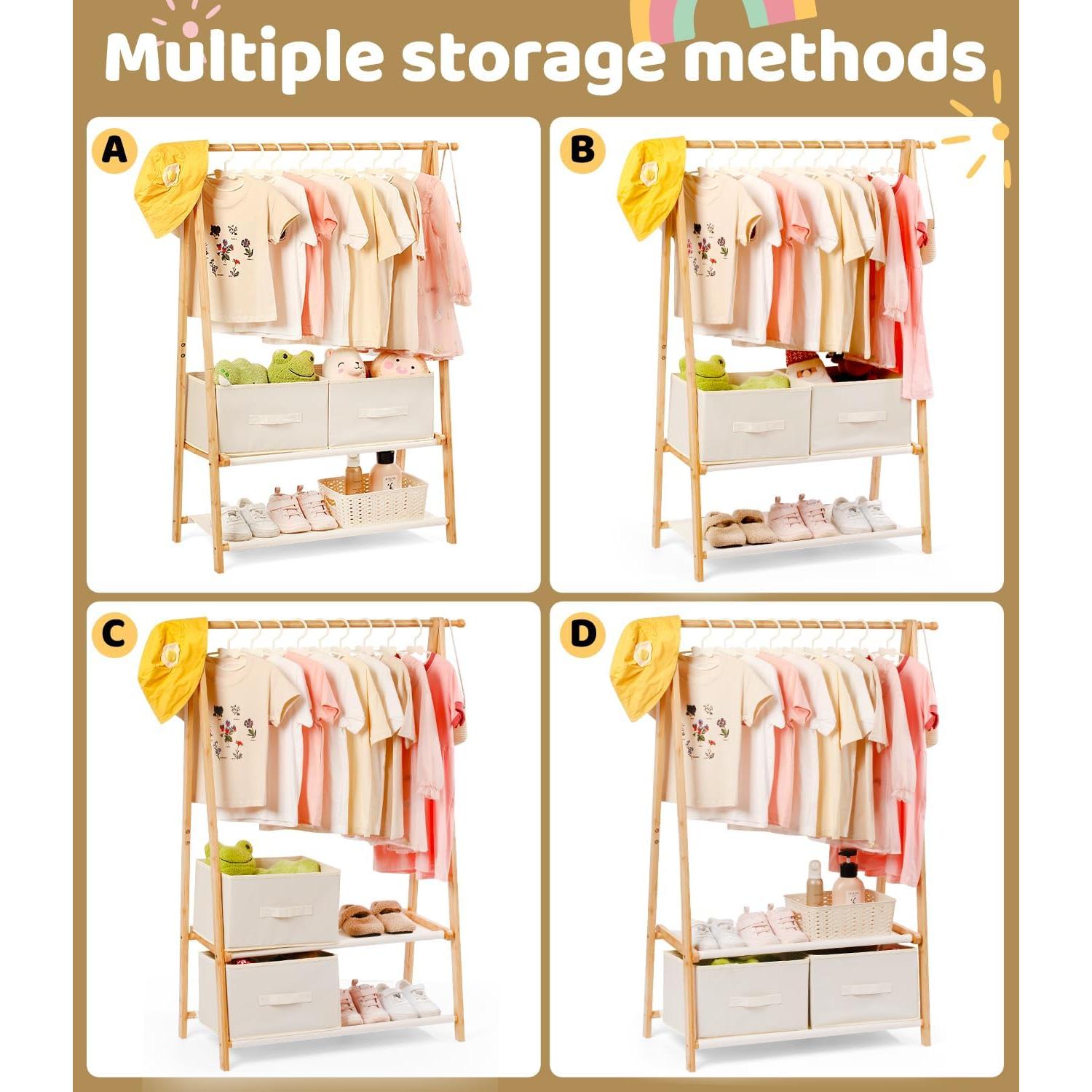 Perchero para Niños Relquorax de Bambú Natural con 2 Estantes