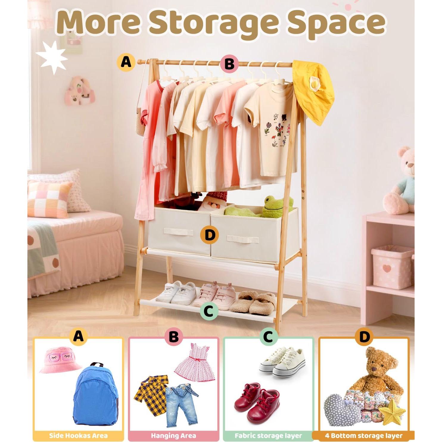 Perchero para Niños Relquorax de Bambú Natural con 2 Estantes