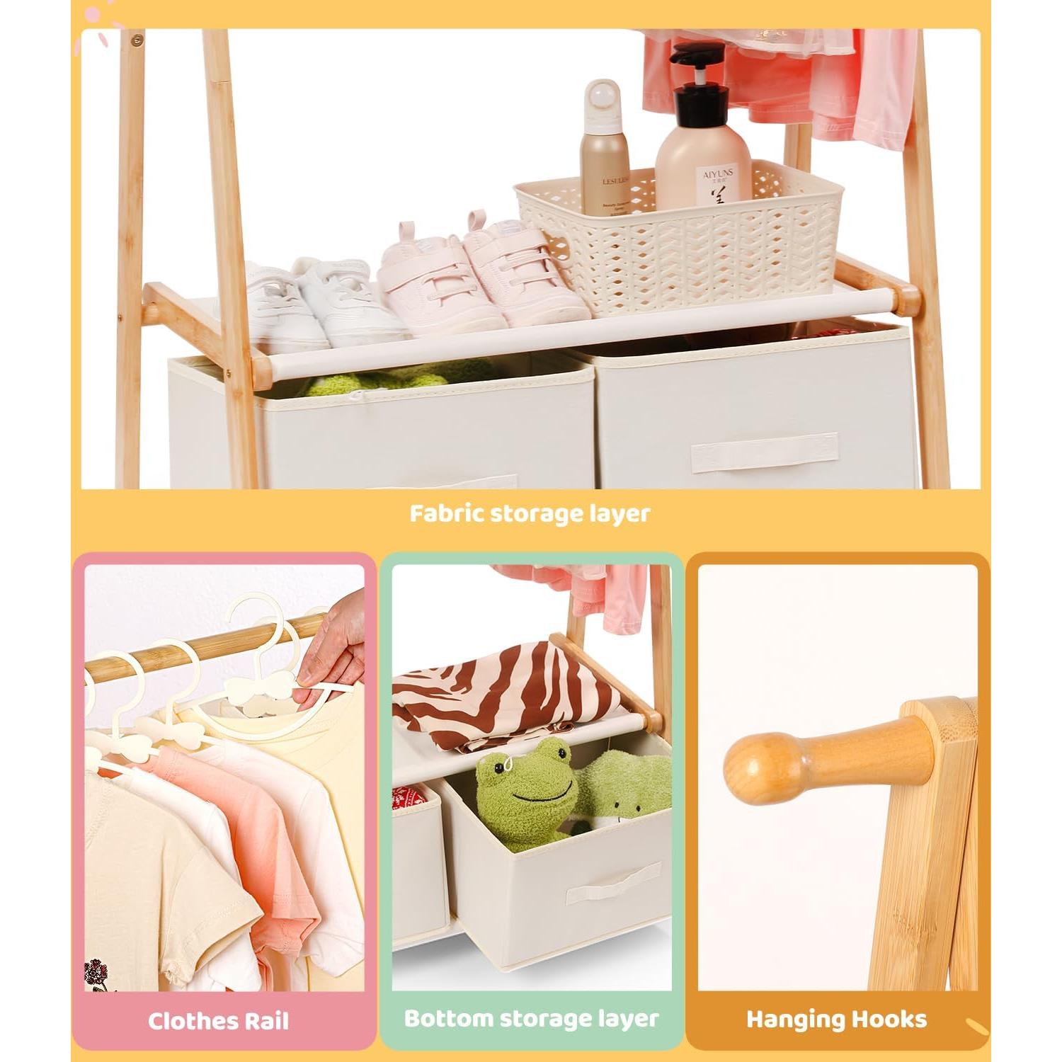 Perchero para Niños Relquorax de Bambú Natural con 2 Estantes