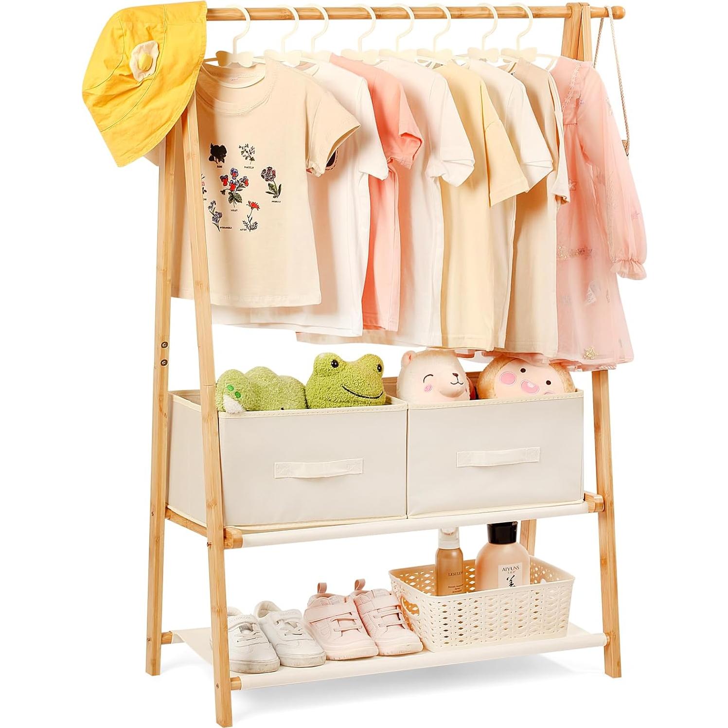 Perchero para Niños Relquorax de Bambú Natural con 2 Estantes