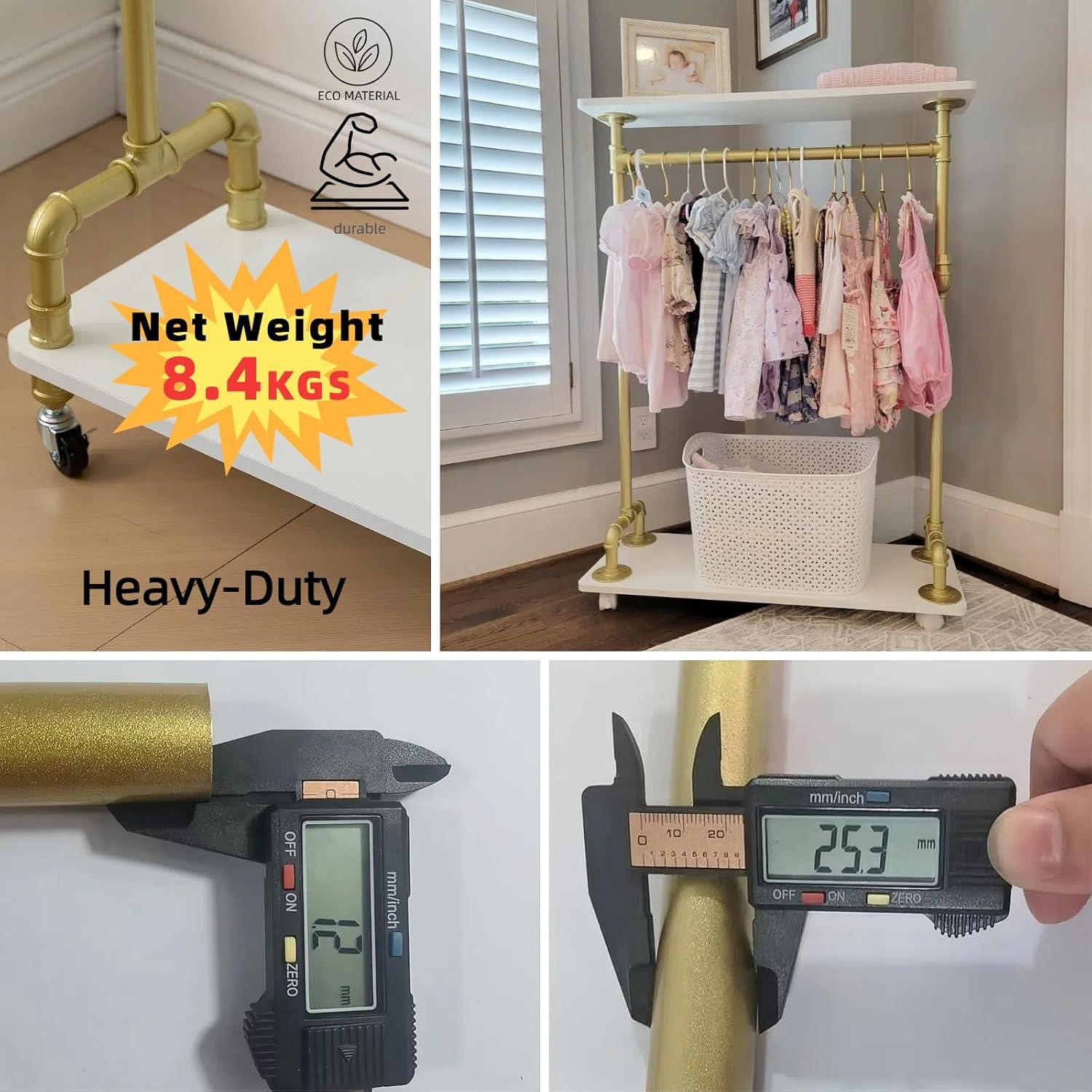 Perchero Infantil ZYUXUAN con Ruedas y Estantes, Blanco Dorado