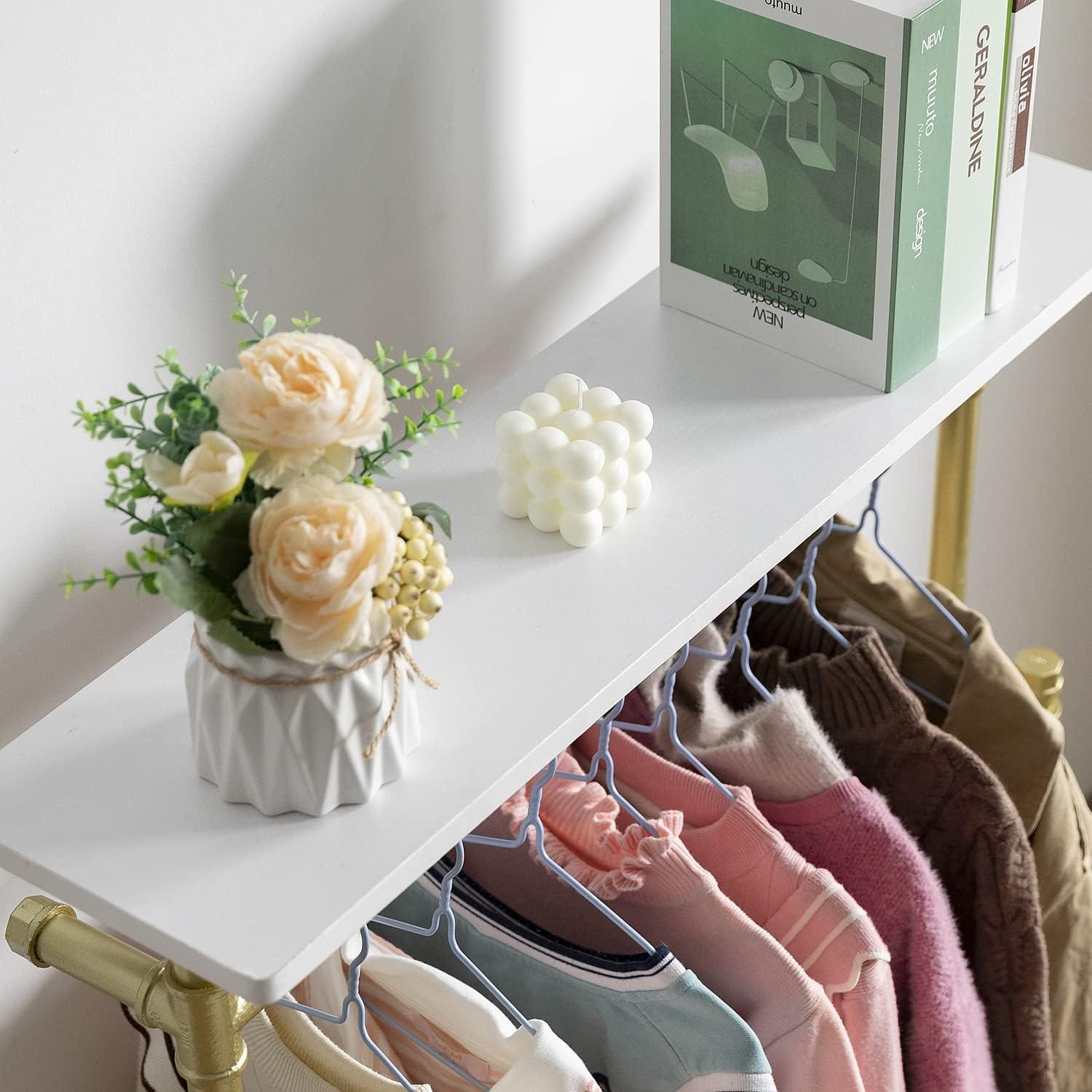 Perchero Infantil ZYUXUAN con Ruedas y Estantes, Blanco Dorado