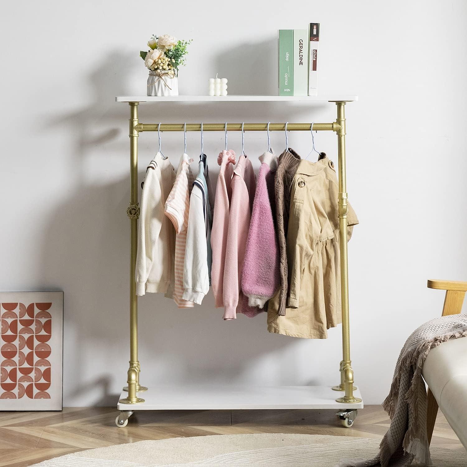 Perchero Infantil ZYUXUAN con Ruedas y Estantes, Blanco Dorado