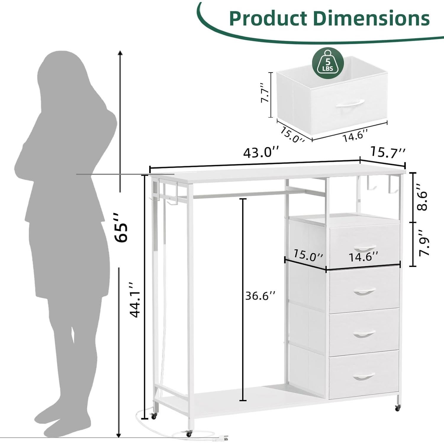 Cómoda Blanca Somdot con Rack Colgante y Luz LED 4 Cajones