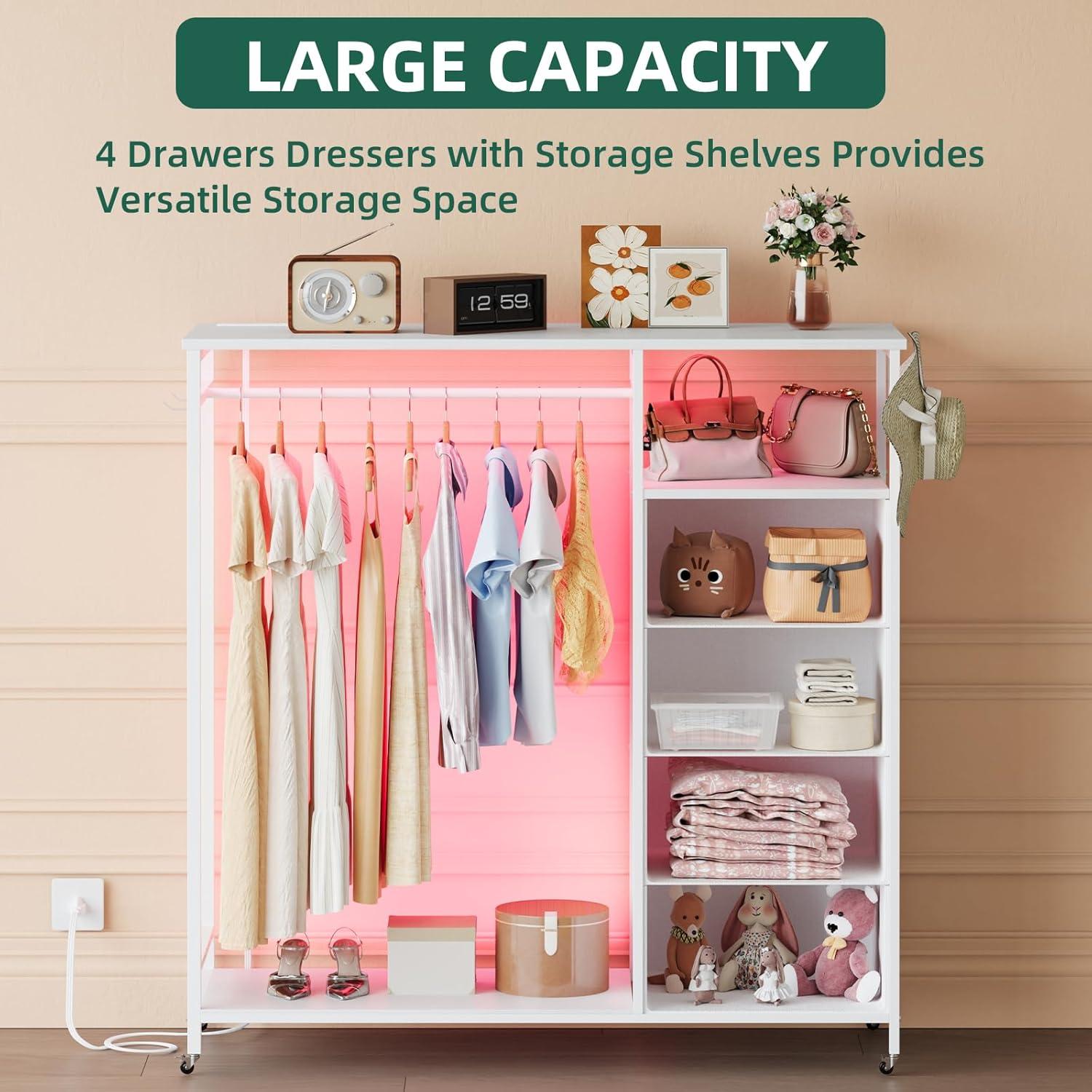 Cómoda Blanca Somdot con Rack Colgante y Luz LED 4 Cajones